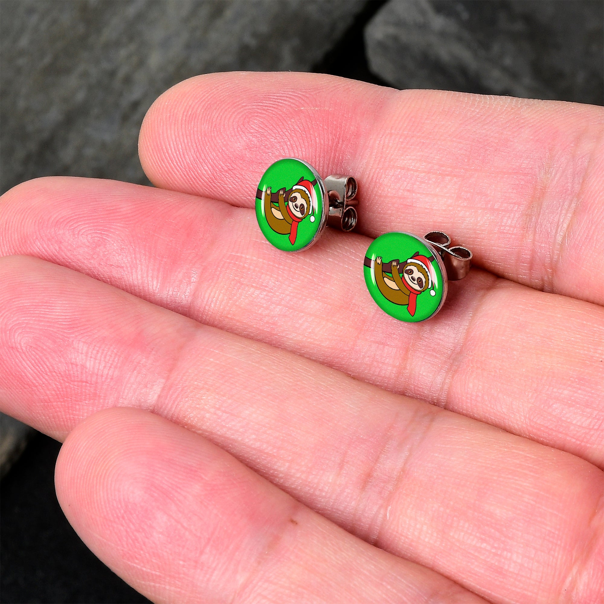 BodyCandy Holiday Santa Sloth Stud Earrings by Onyx O — detail close-up