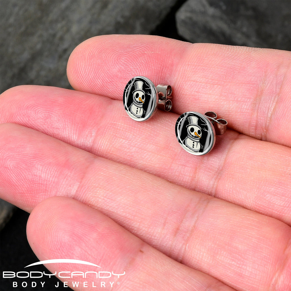 BodyCandy Christmas Holiday Spooky Snowman Stud Earrings by Onyx O — detail close-up