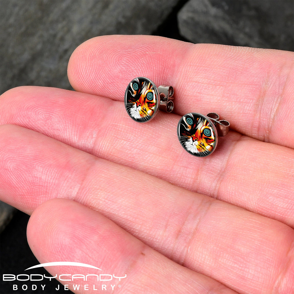 BodyCandy Colorful Trippy Cat Stud Earrings by Onyx O — detail close-up