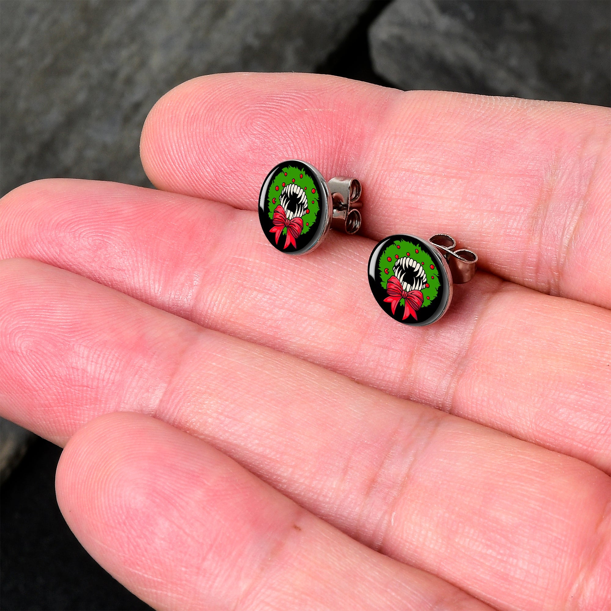 BodyCandy Holiday Vampire Wreath Stud Earrings by Onyx O — detail close-up