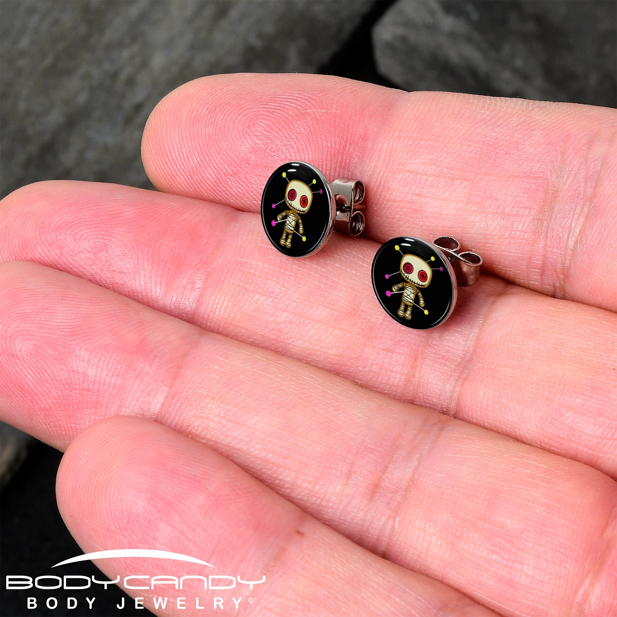 BodyCandy Voodoo Doll Stud Earrings by Onyx O — detail close-up