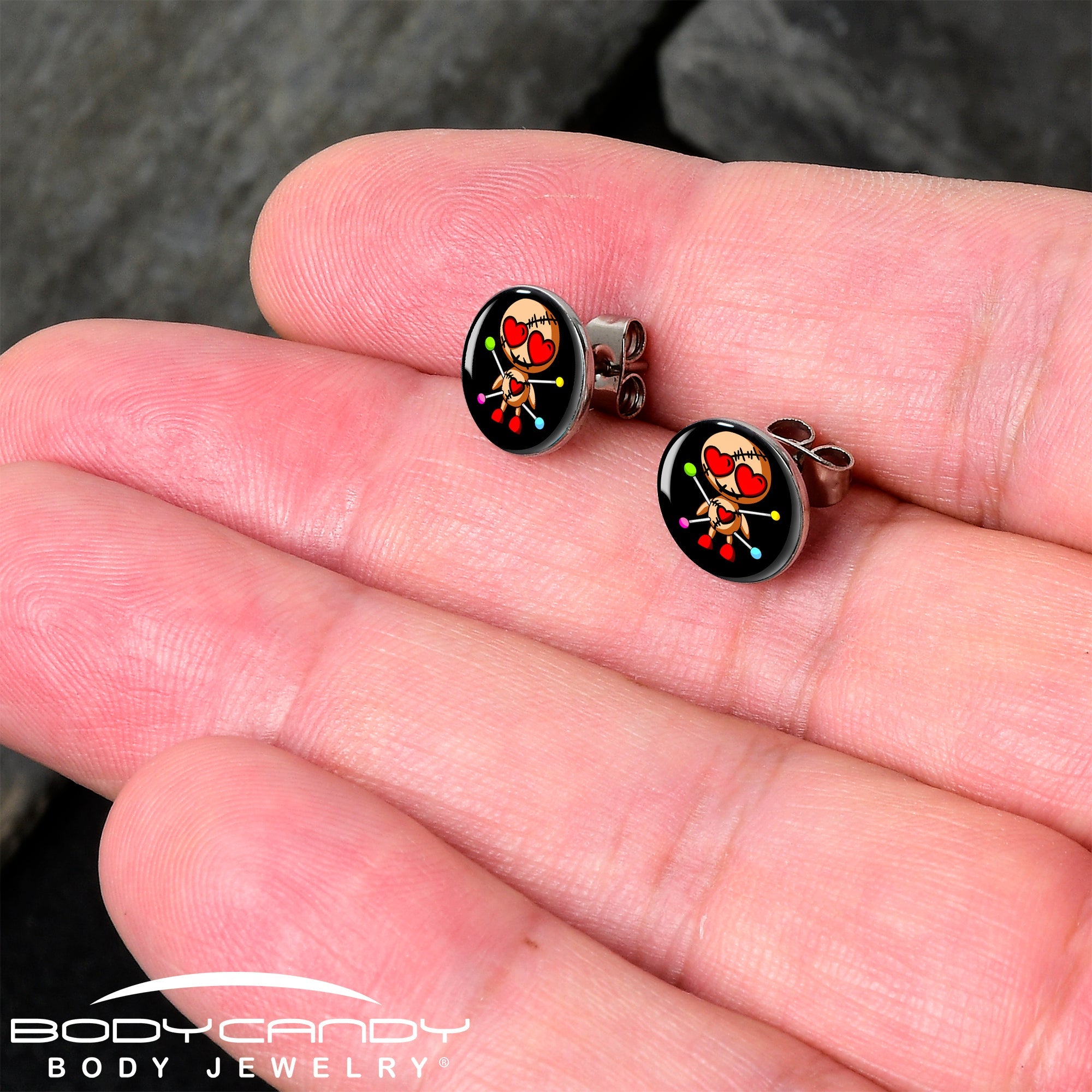 BodyCandy Valentine Heart Voodoo Doll Stud Earrings — detail close-up