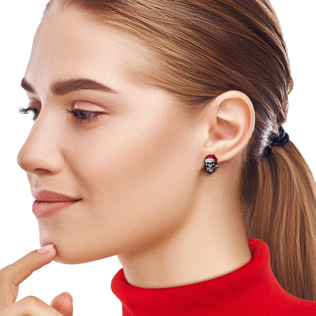 BodyCandy Handmade Wooden Skeleton Claus Holiday Christmas Stud Earrings by Onyx O — detail close-up