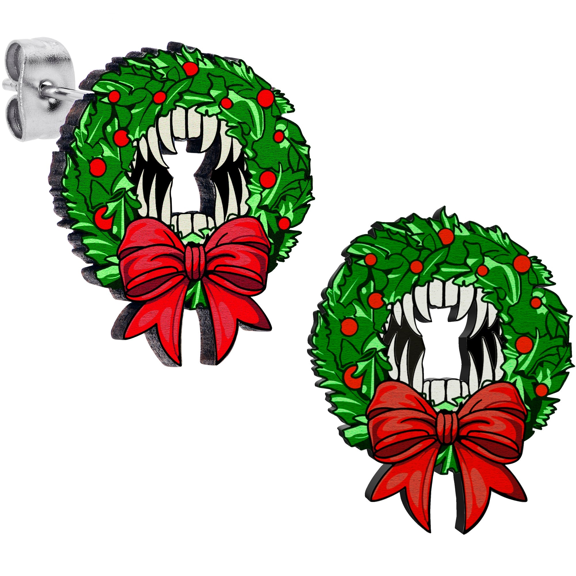 BodyCandy Handmade Wooden Vampire Wreath Holiday Christmas Stud Earrings by Onyx O — main product shot
