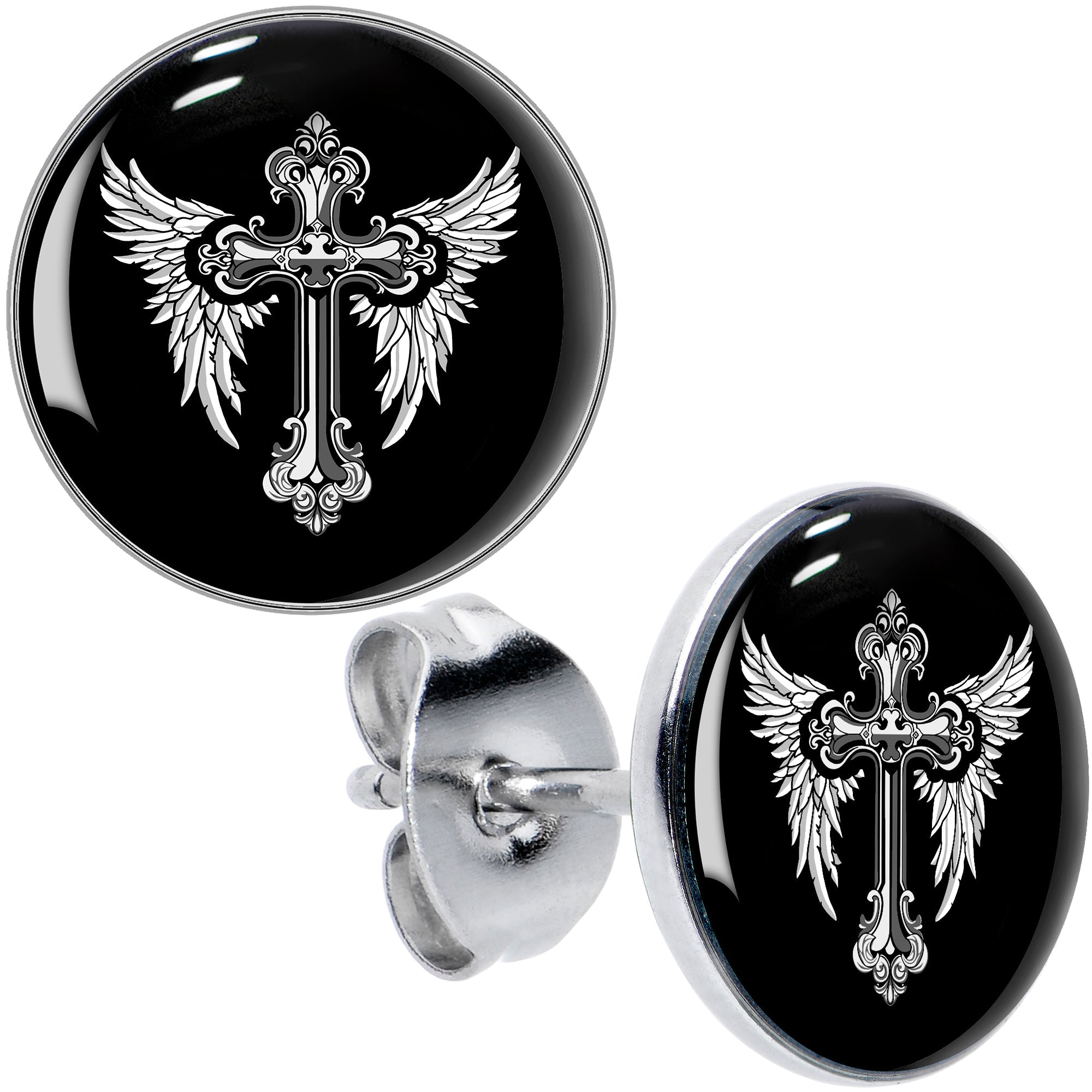 BodyCandy Black White Winged Cross Stud Earrings by Onyx O — main product shot