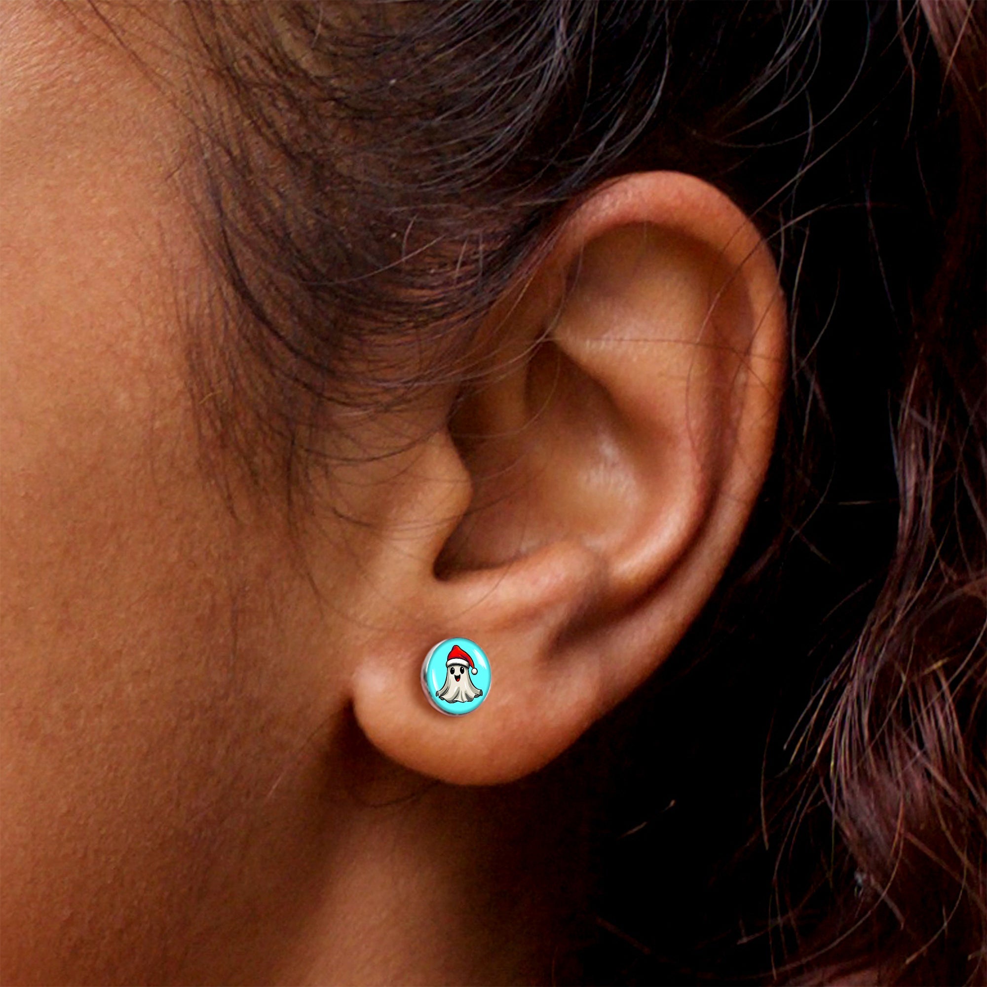 BodyCandy Holiday Christmas Spirit Ghost Stud Earrings by Onyx O — in-use photo