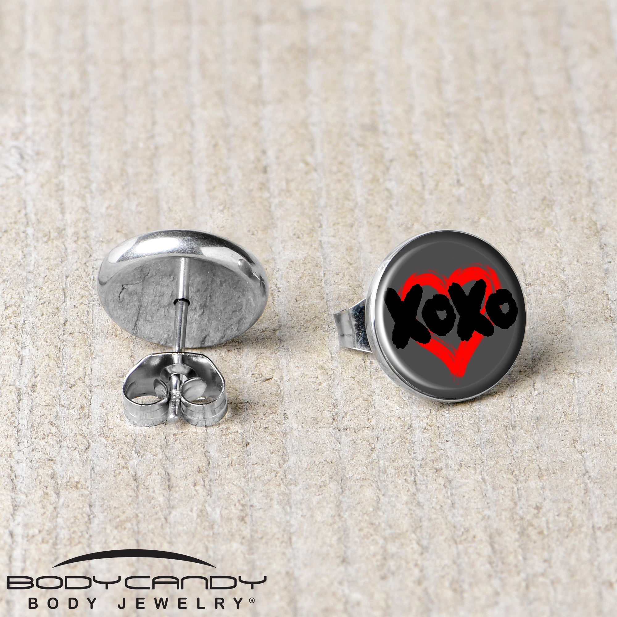 BodyCandy XOXO Heart Stud Earrings by Onyx O — back view