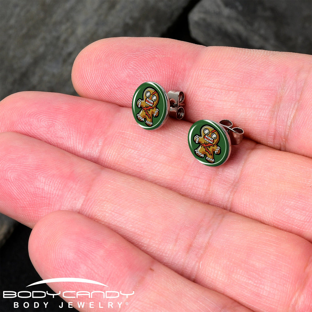 BodyCandy Christmas Holiday Zombie Gingergread Man Stud Earrings by Onyx O — detail close-up