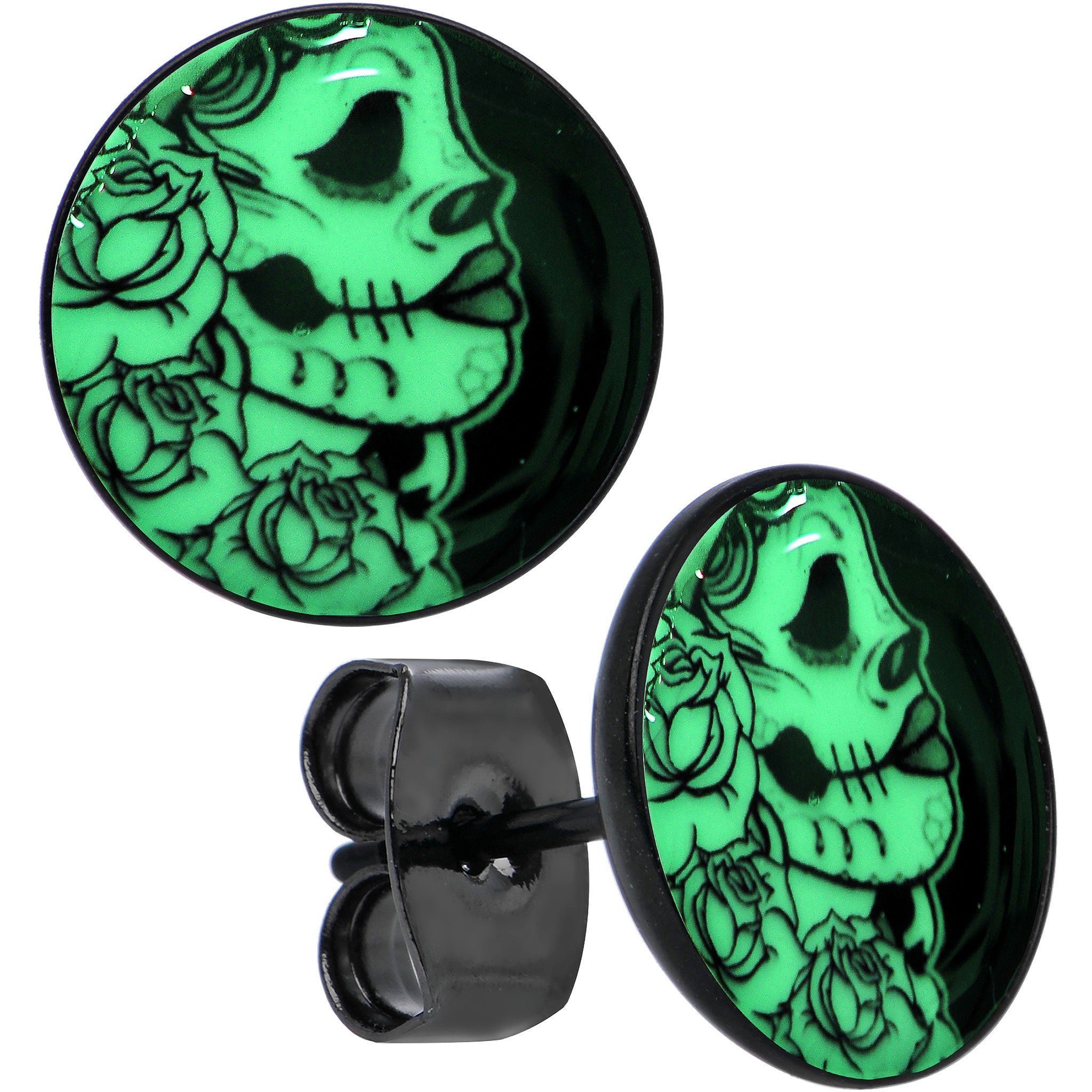 BodyCandy Black Anodized Gothic Rose Flower Skull Glow in the Dark Stud Earrings — side view