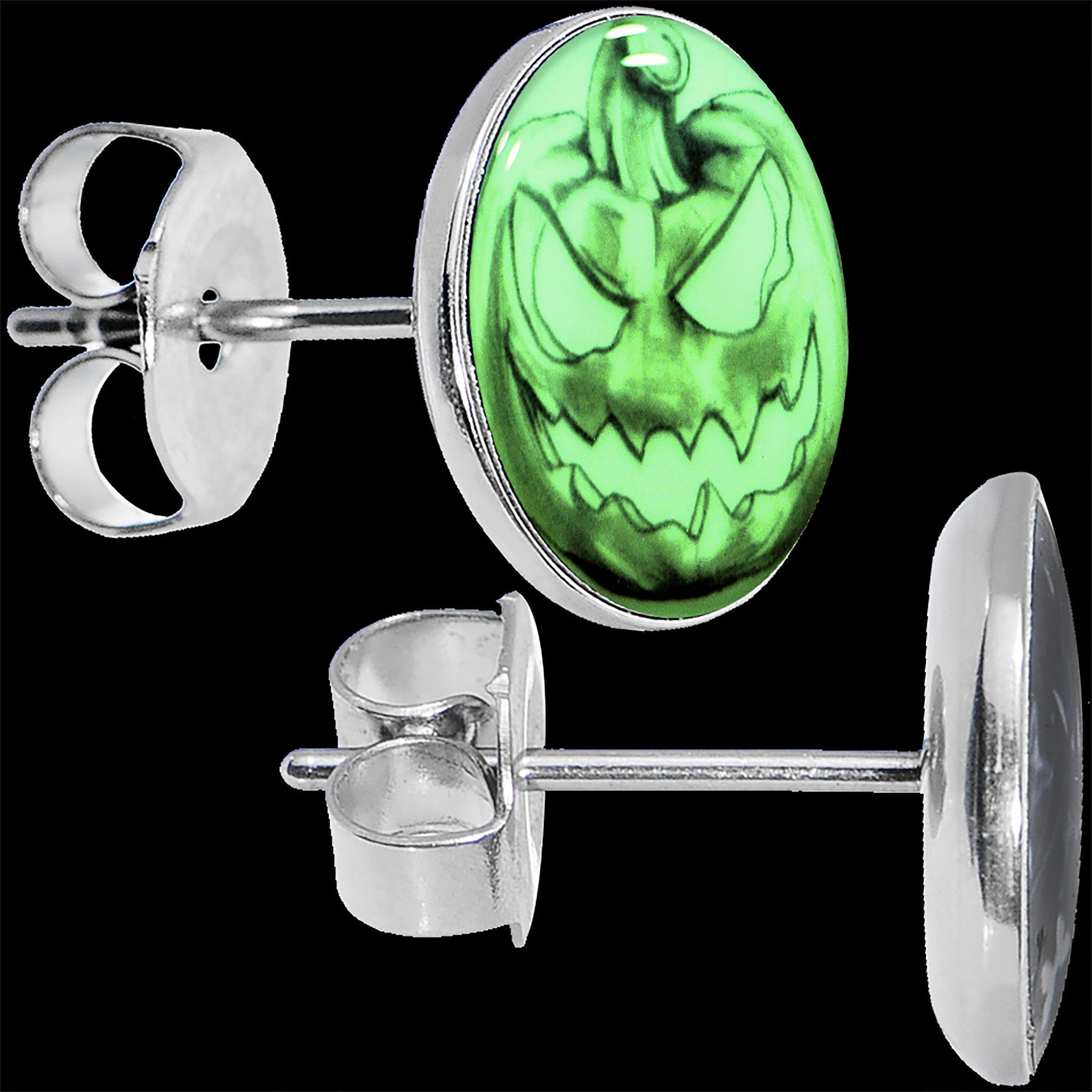 BodyCandy Bad Jack O' Lantern Glow in the Dark Stud Earrings — detail close-up