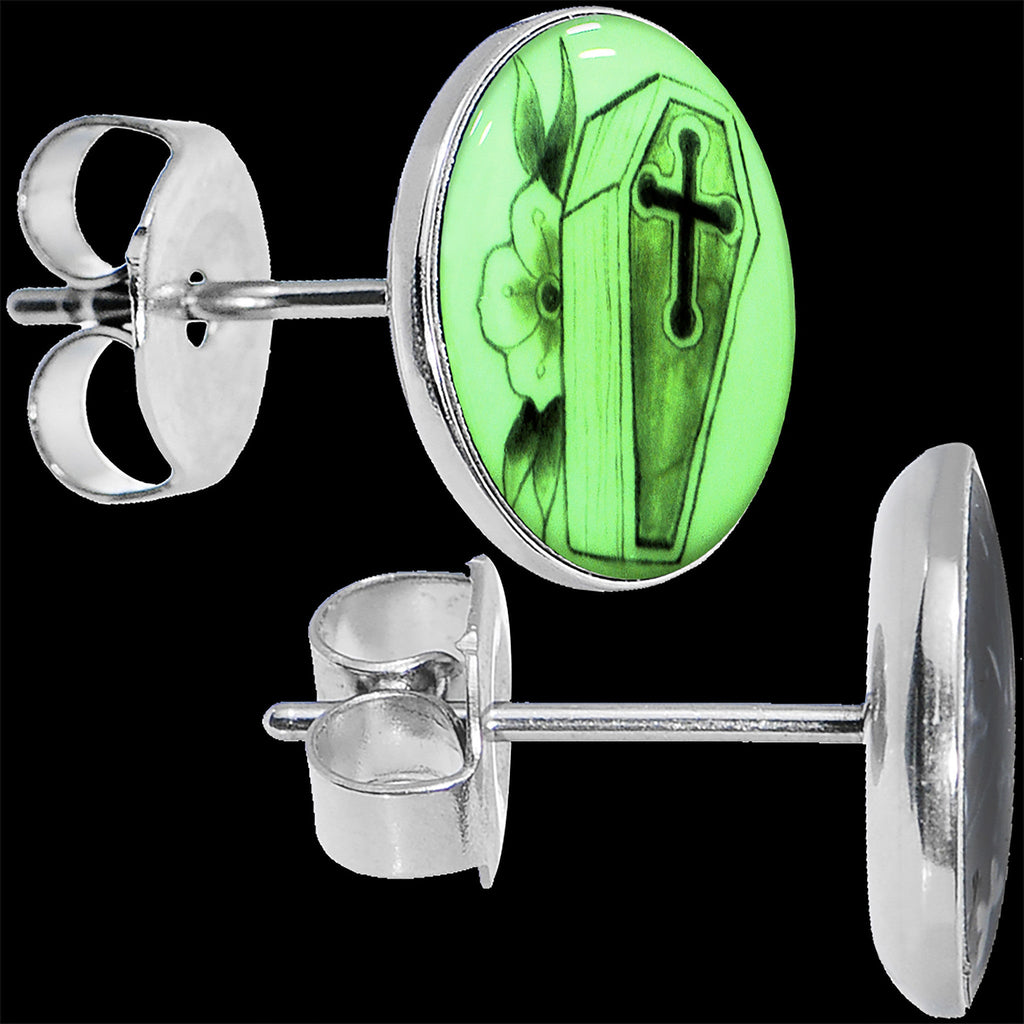 BodyCandy Coffin and Flower Glow in the Dark Stud Earrings — detail close-up