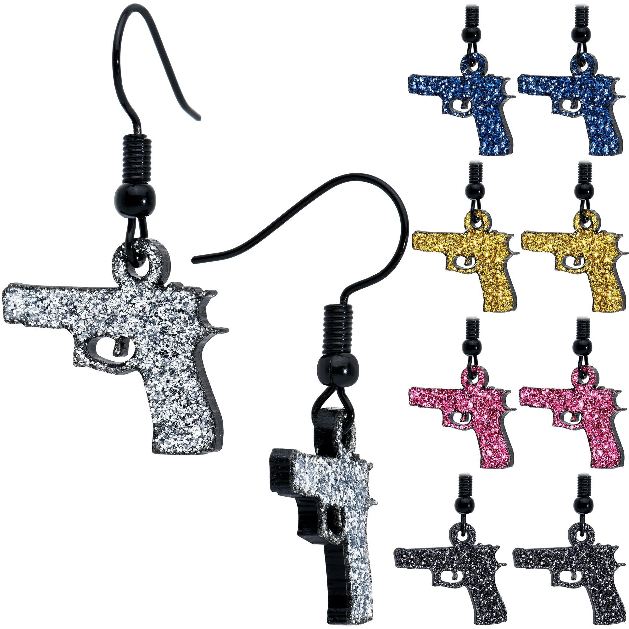 BodyCandy Blue Glitter Gun Fishhook Dangle Earrings — alternative angle