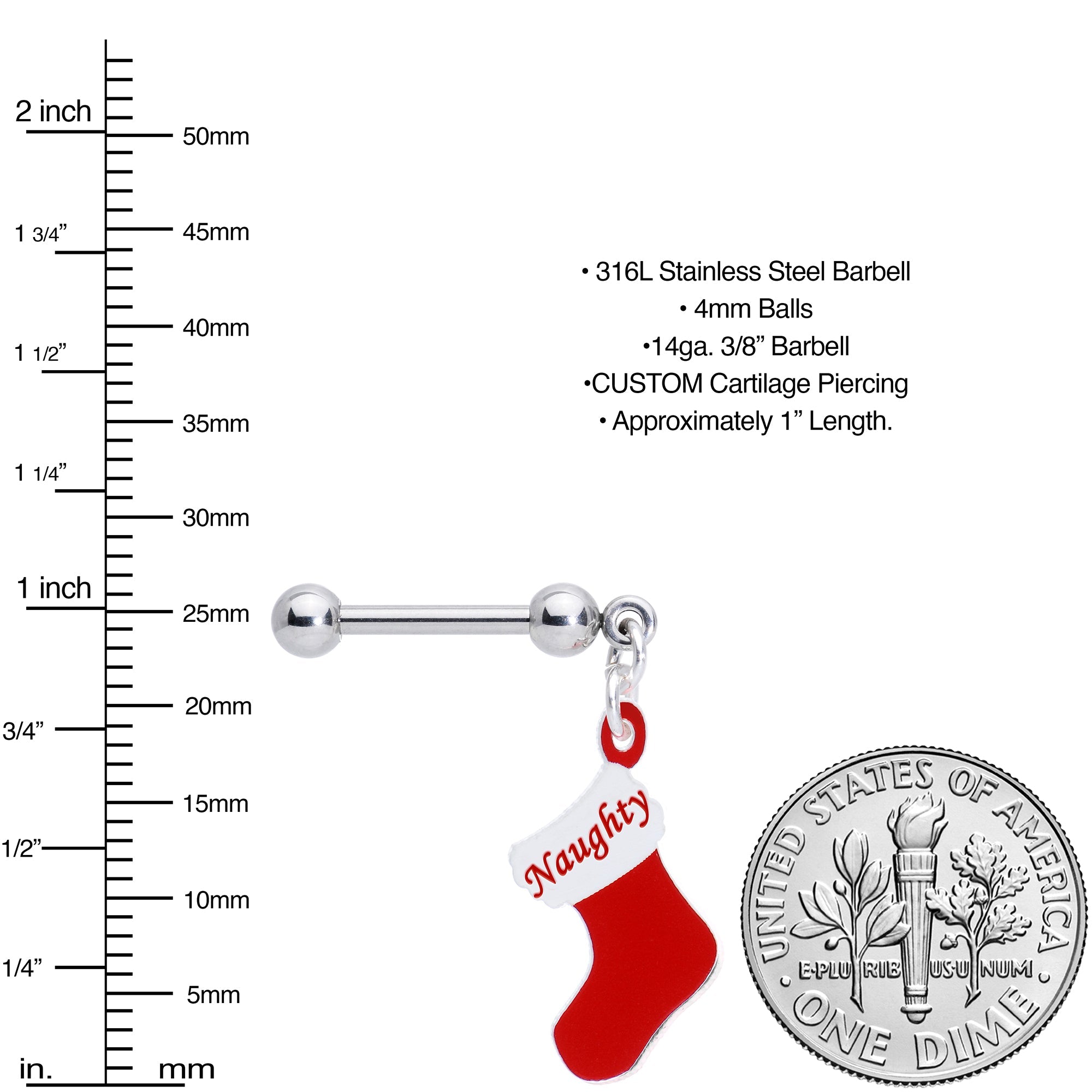 BodyCandy Handmade 3/8 Naughty Christmas Stocking Dangle Cartilage Earring — side view