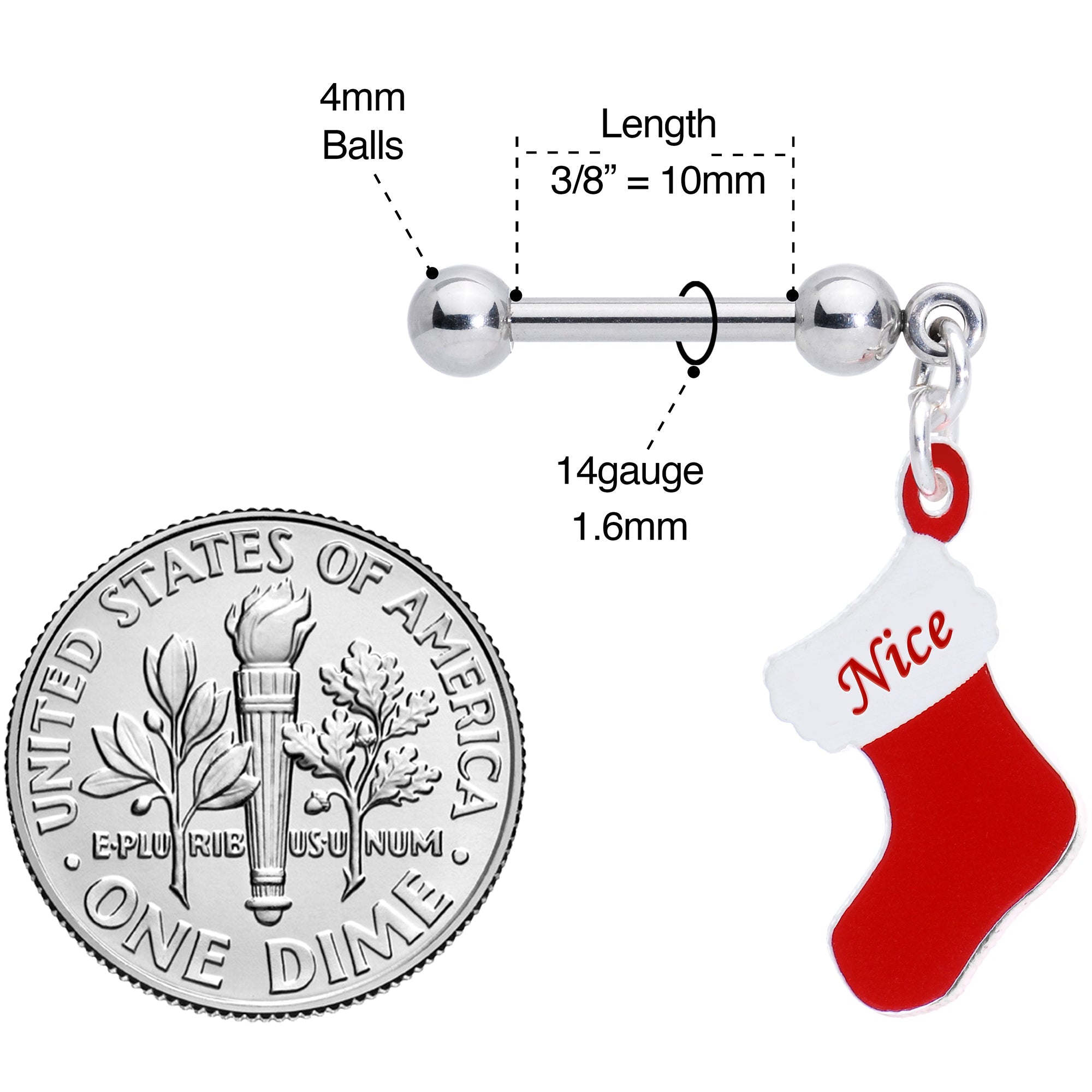BodyCandy Handmade 3/8 Nice Christmas Stocking Dangle Cartilage Earring — back view