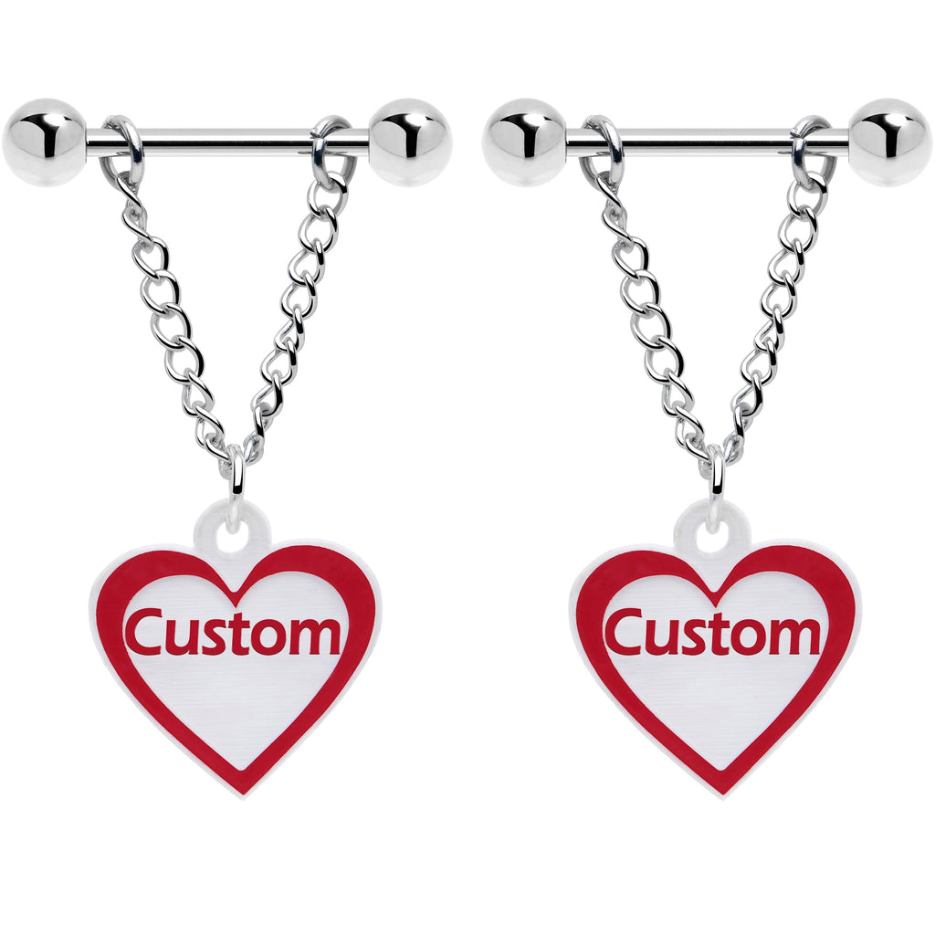 BodyCandy Custom Red White Heart Chain Personalized Name Dangle Nipple Ring Set — main product shot
