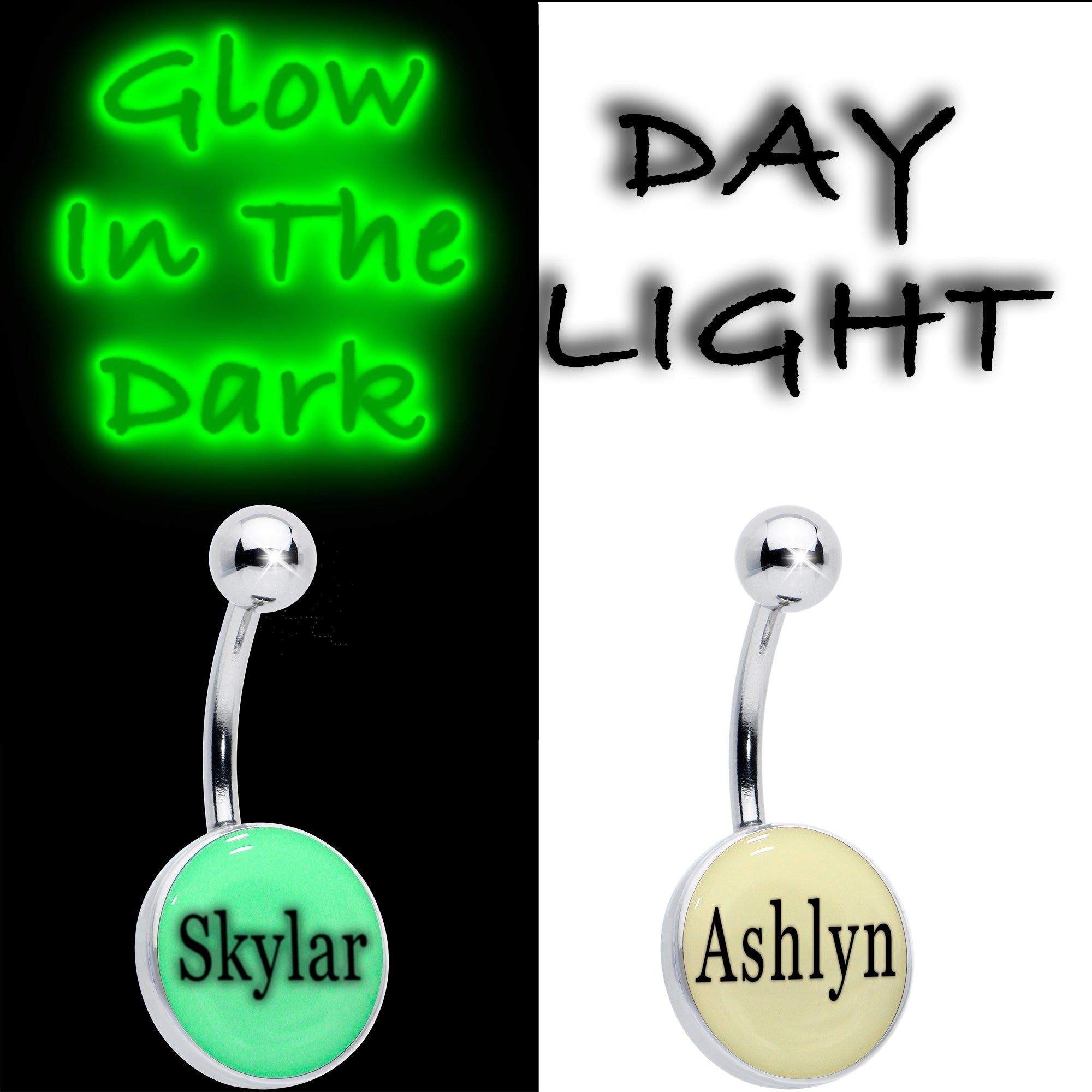 BodyCandy Custom Glow in the Dark Personalized Name Dangle Belly Ring — lifestyle context