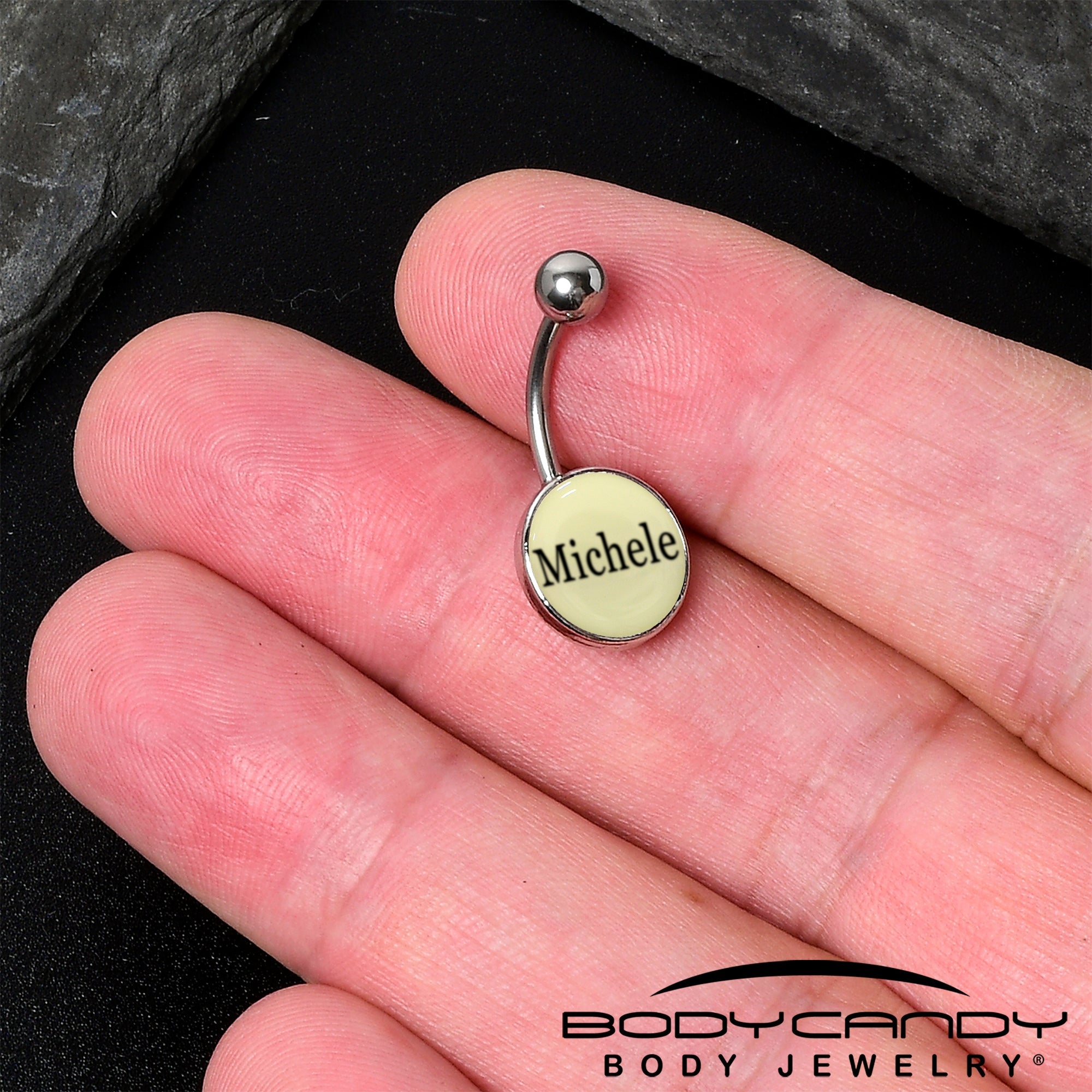 BodyCandy Custom Glow in the Dark Personalized Name Dangle Belly Ring — side view
