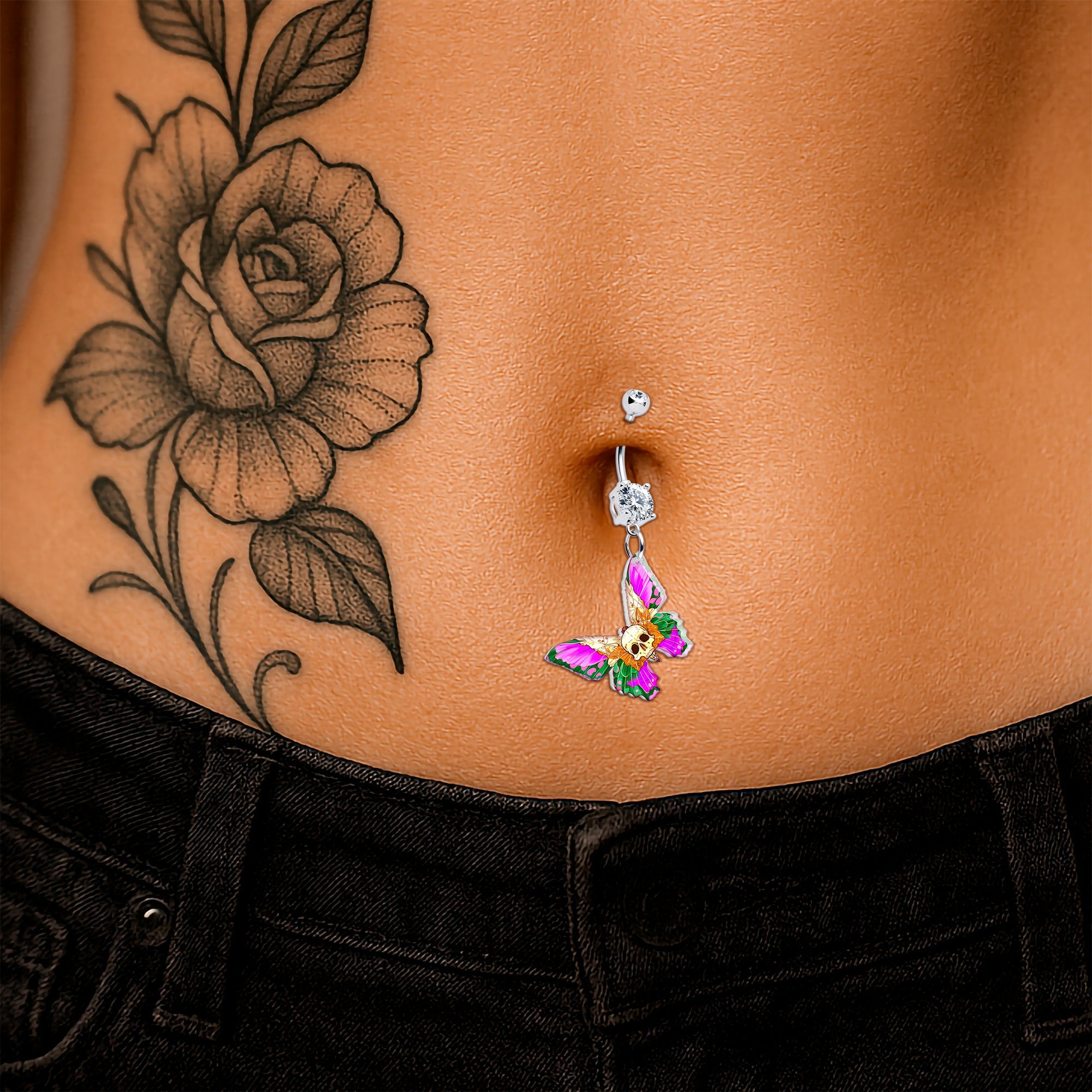 BodyCandy Clear Gem Butterfly Skull Dangle Belly Ring by Onyx O — detail close-up