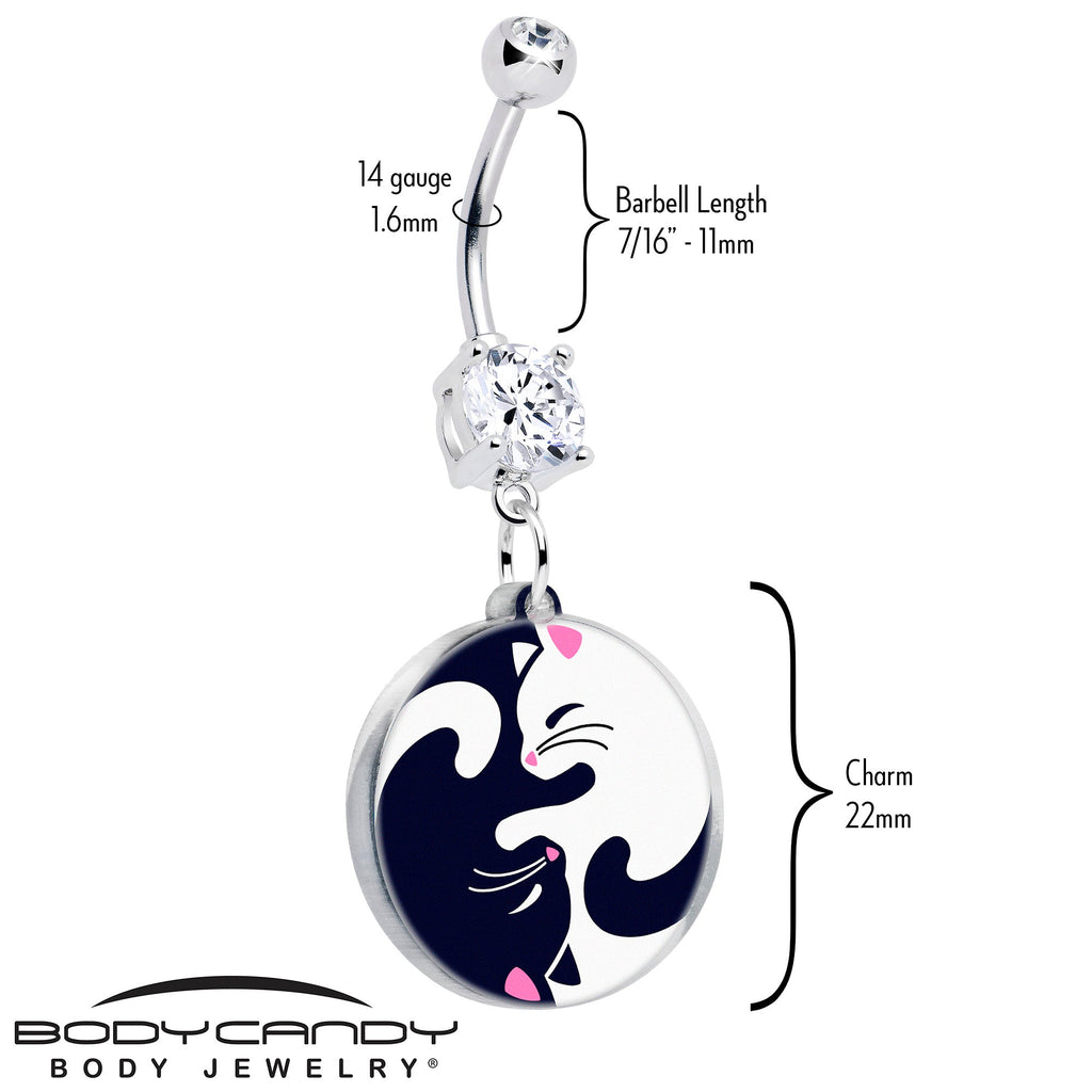 BodyCandy Double Gem Yin Yang Cat Dangle Belly Ring by Onyx O — detail close-up