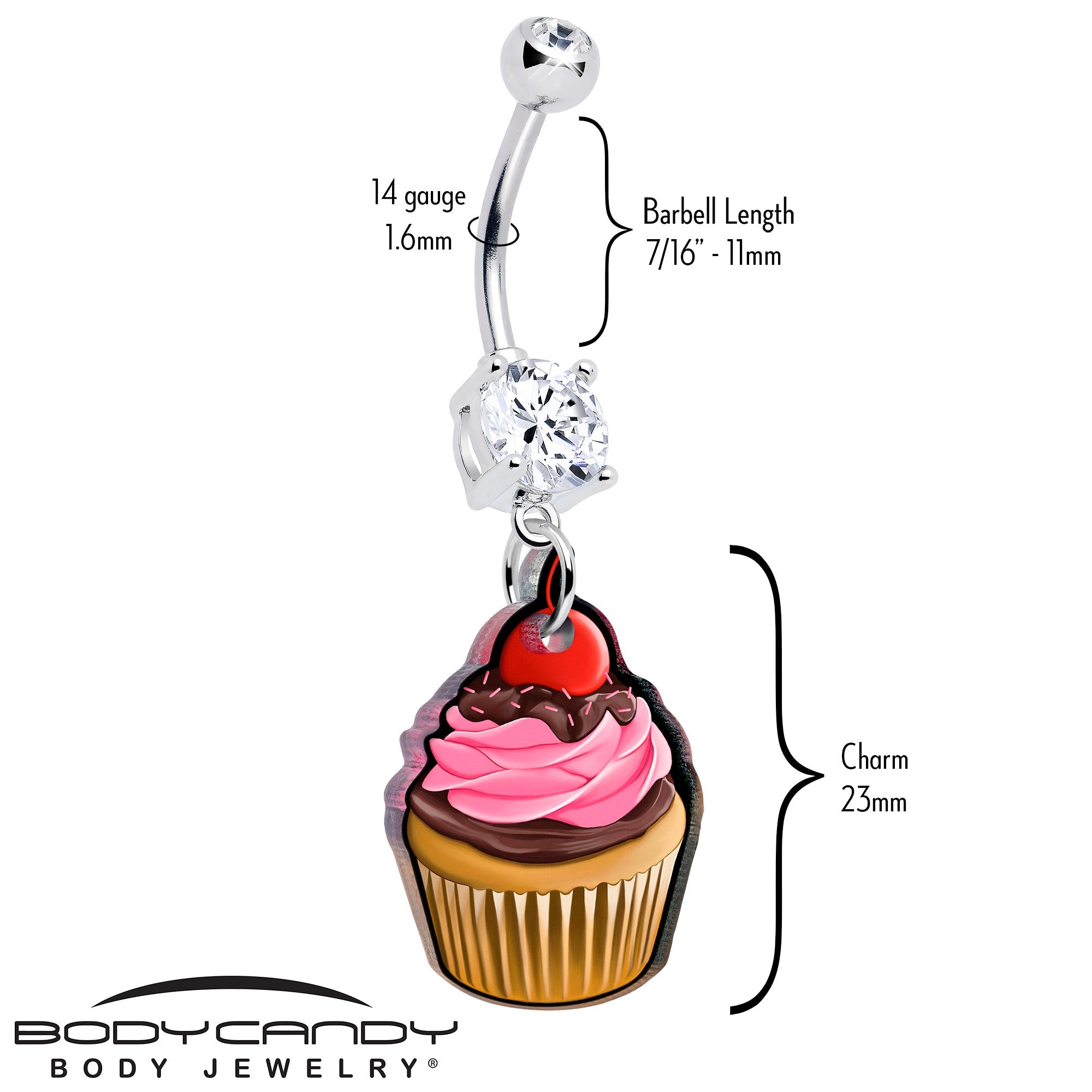 BodyCandy Double Gem Valentine Cupcake Dangle Belly Ring by Onyx O — detail close-up