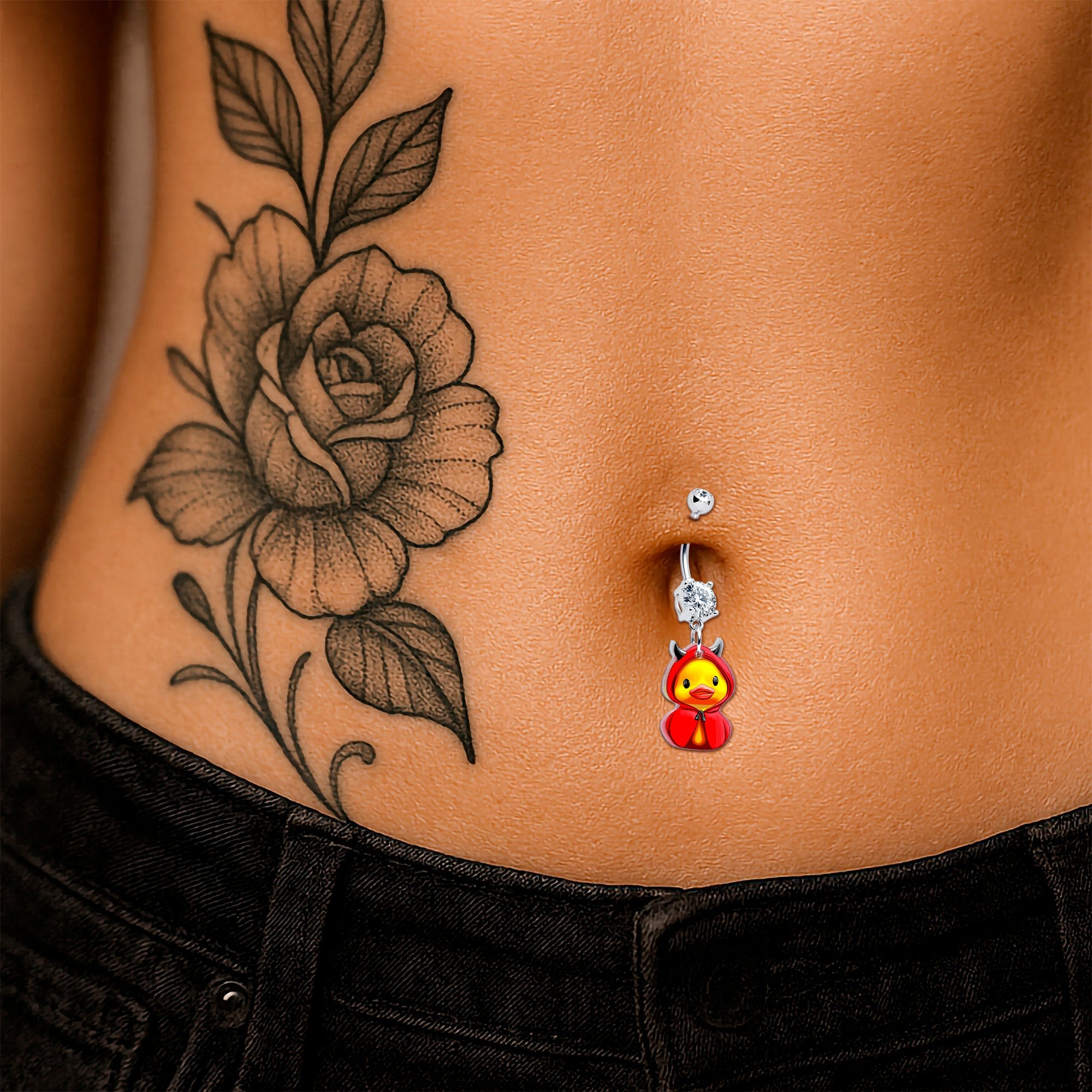 BodyCandy Clear Gem Hot Litle Devil Duck Dangle Belly Ring by Onyx O — detail close-up