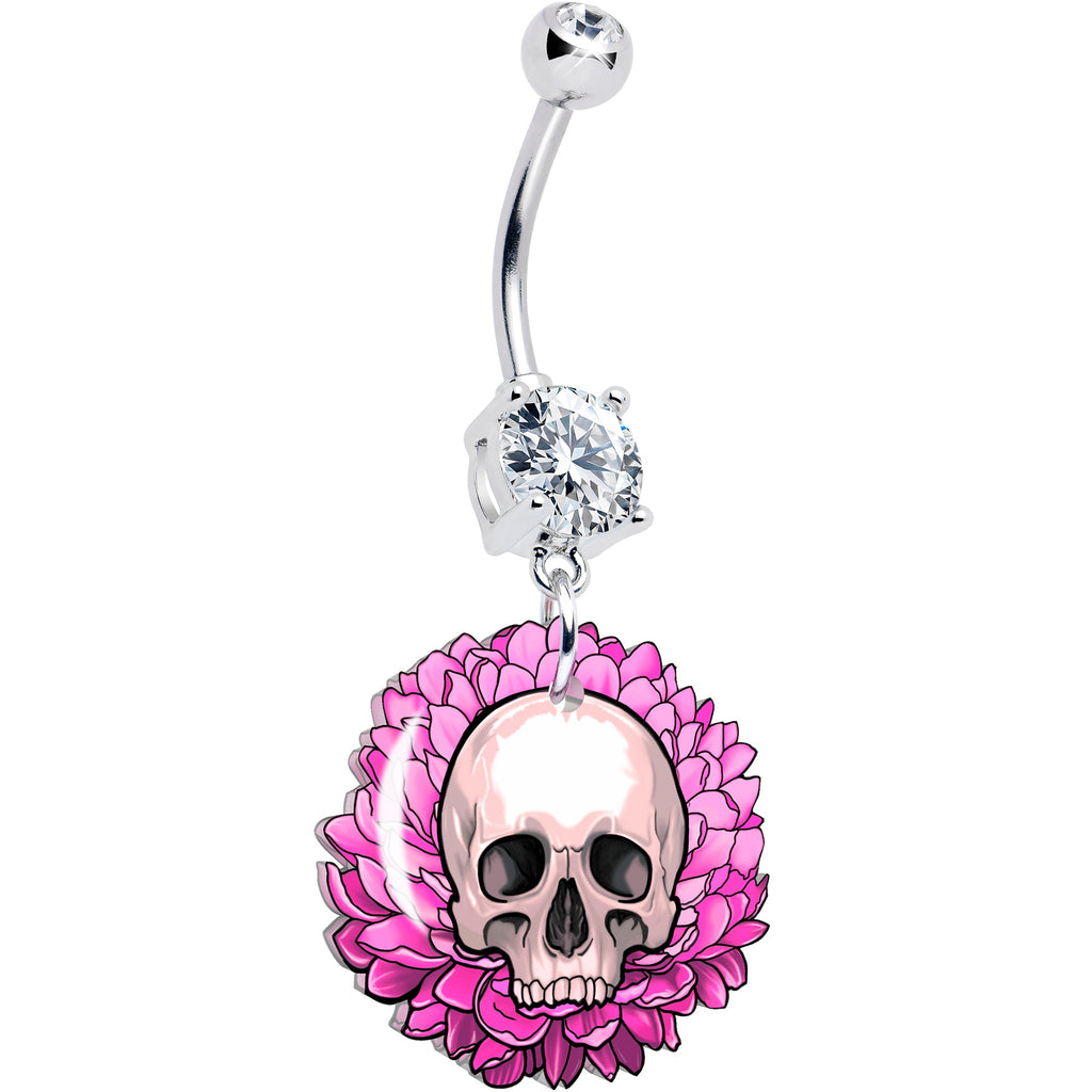 BodyCandy Clear Gem Blooming Pink Flower Skull Dangle Belly Ring by Onyx O — main product shot