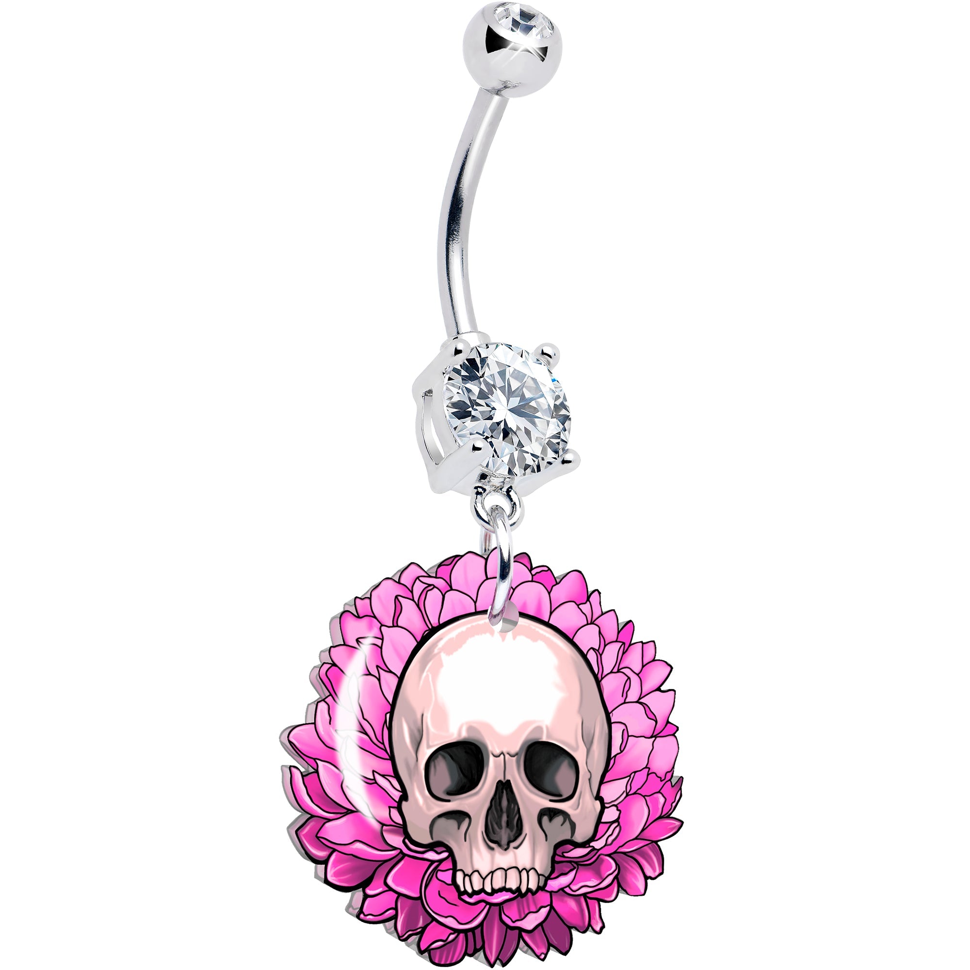 BodyCandy Clear Gem Blooming Pink Flower Skull Dangle Belly Ring by Onyx O — main product shot