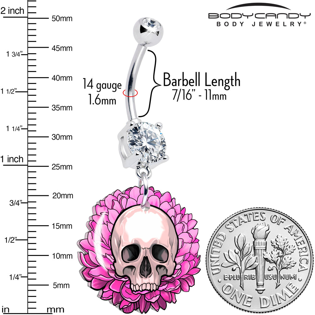 BodyCandy Clear Gem Blooming Pink Flower Skull Dangle Belly Ring by Onyx O — lifestyle context