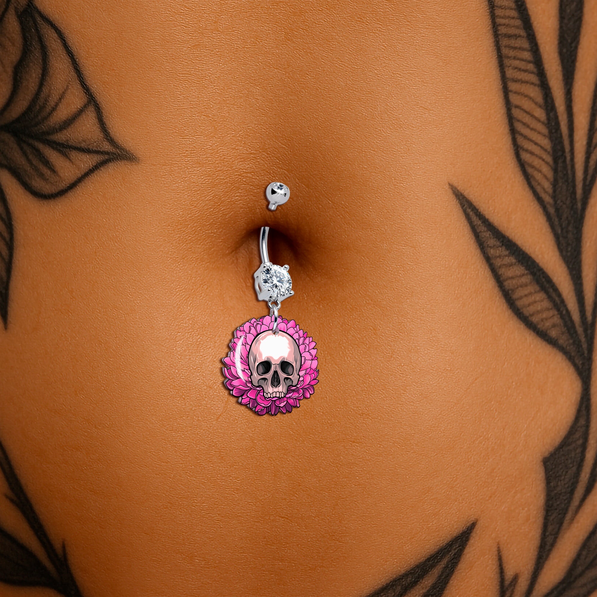 BodyCandy Clear Gem Blooming Pink Flower Skull Dangle Belly Ring by Onyx O — detail close-up