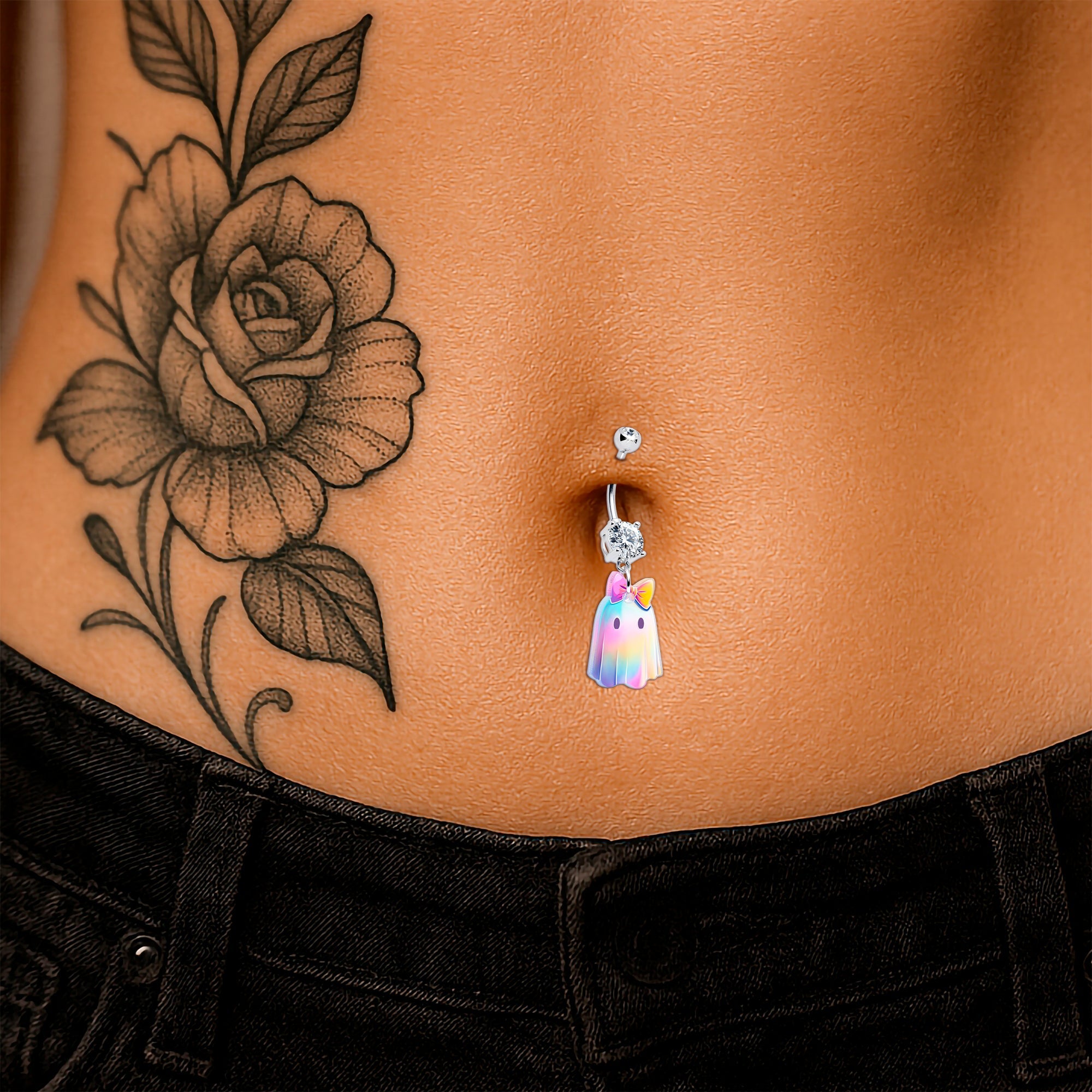 BodyCandy Clear Gem Iridescent Ghost Girl Dangle Belly Ring by Onyx O — detail close-up