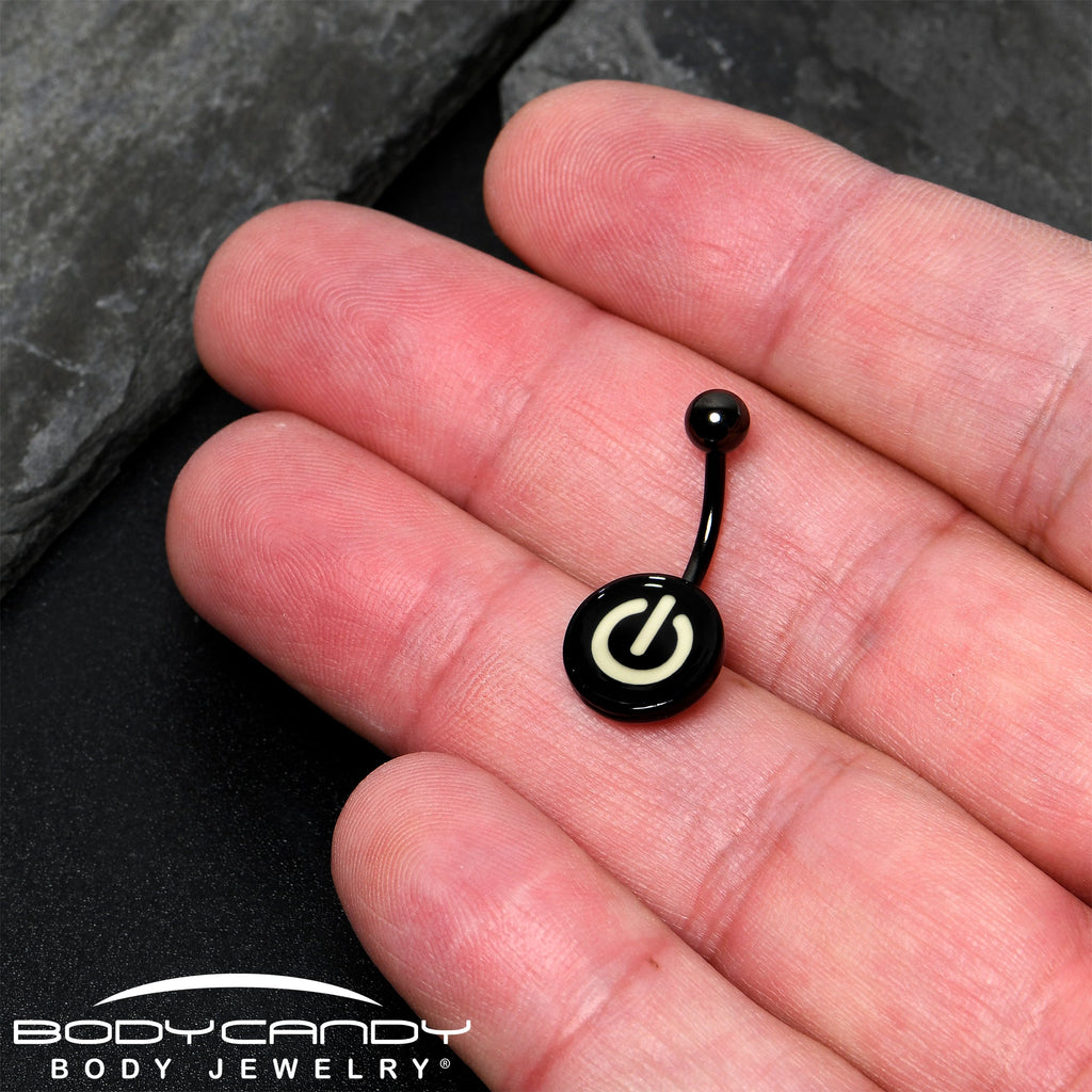 BodyCandy Glow in the Dark Titanium Power Button Belly Ring — color detail