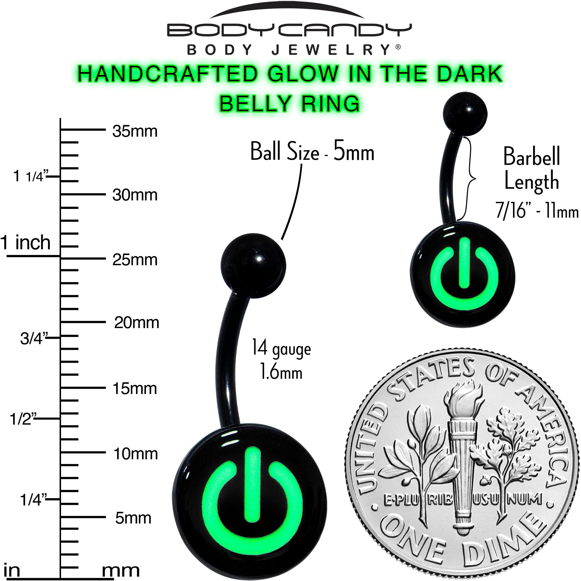 BodyCandy Glow in the Dark Titanium Power Button Belly Ring — packaging