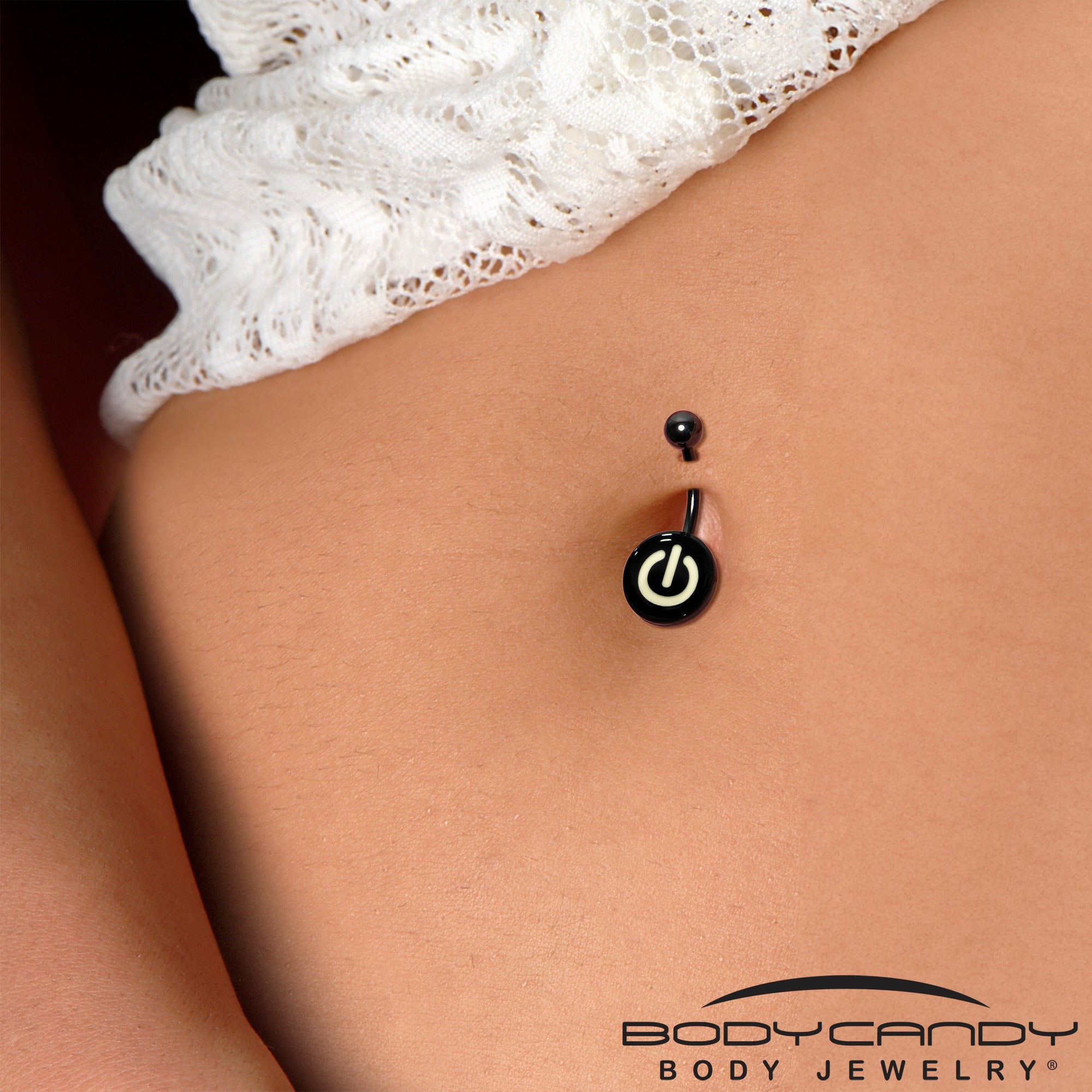 BodyCandy Glow in the Dark Titanium Power Button Belly Ring — side view
