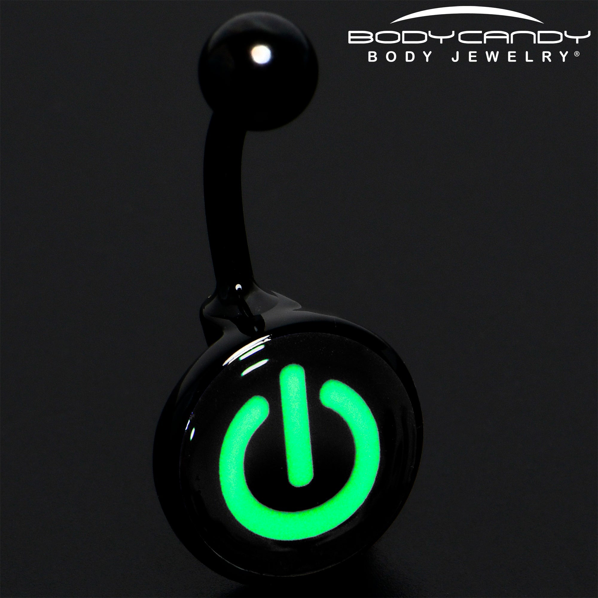 BodyCandy Glow in the Dark Titanium Power Button Belly Ring — lifestyle context