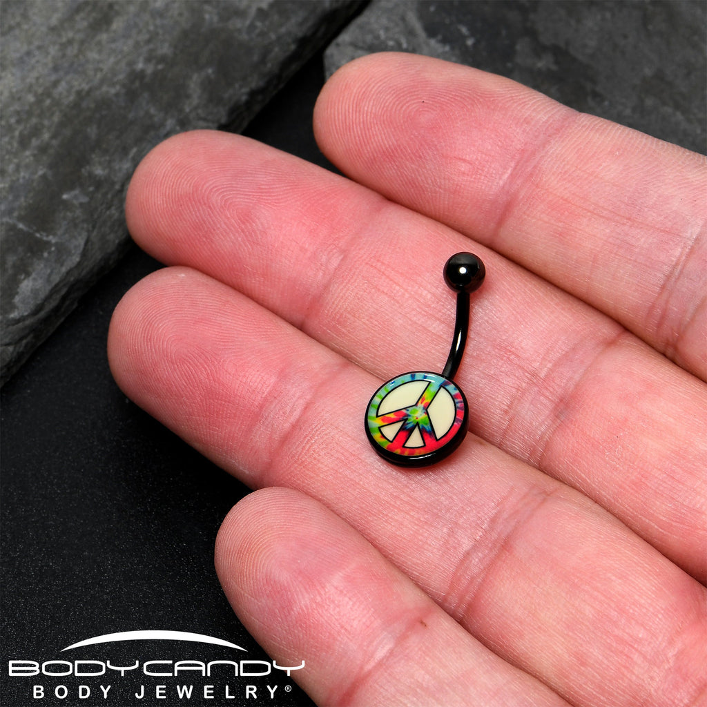 BodyCandy Glow in the Dark Titanium Tie Dyed Peace Sign Belly Ring — in-use photo
