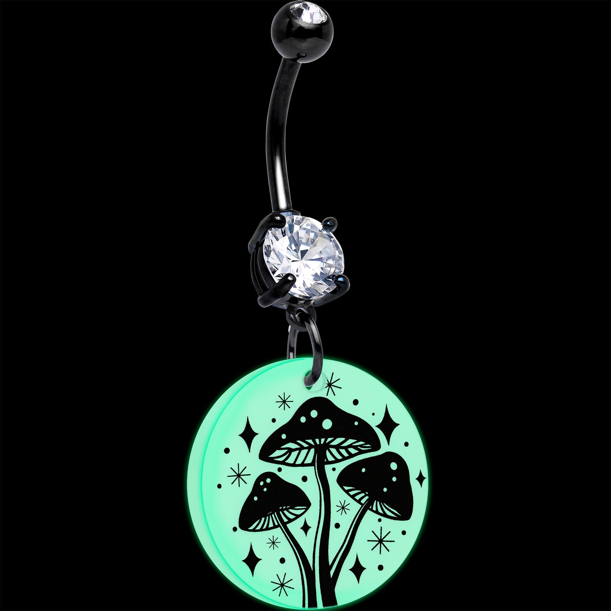 BodyCandy Black Double Gem Glow in the Dark Mystic Mushroom Dangle Belly Ring by Onyx O — detail close-up