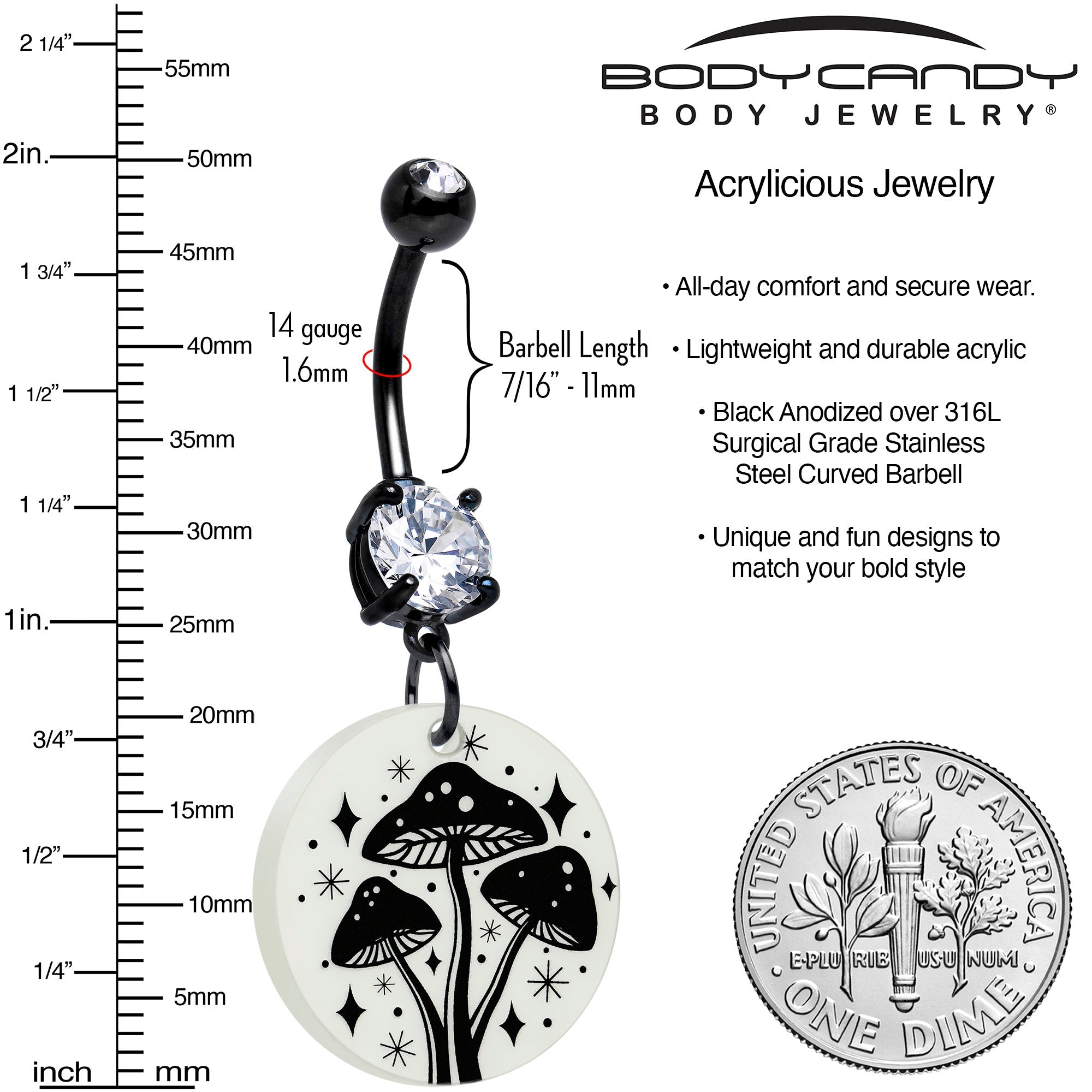 BodyCandy Black Double Gem Glow in the Dark Mystic Mushroom Dangle Belly Ring by Onyx O — lifestyle context