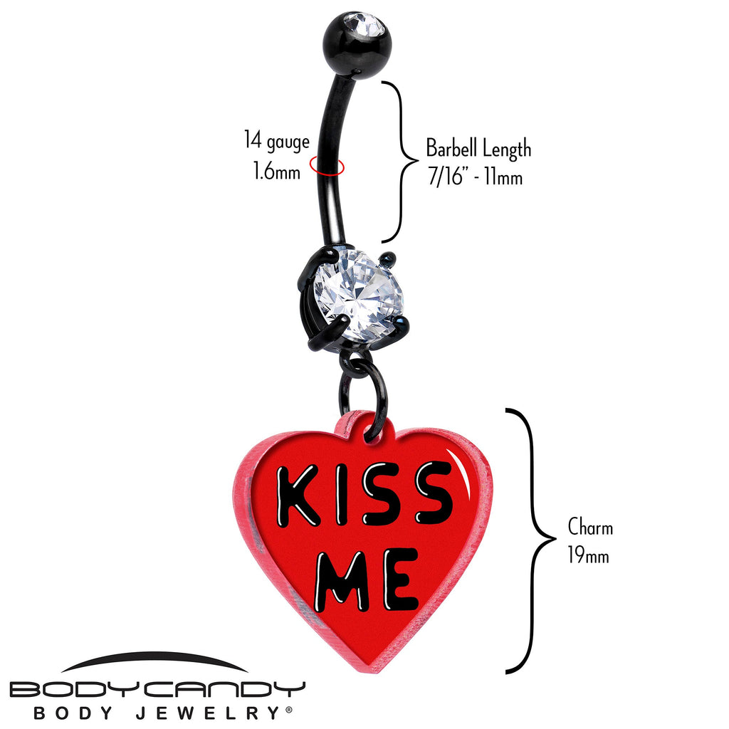 BodyCandy Black Double Gem Kiss Me Heart Dangle Belly Ring by Onyx O — detail close-up