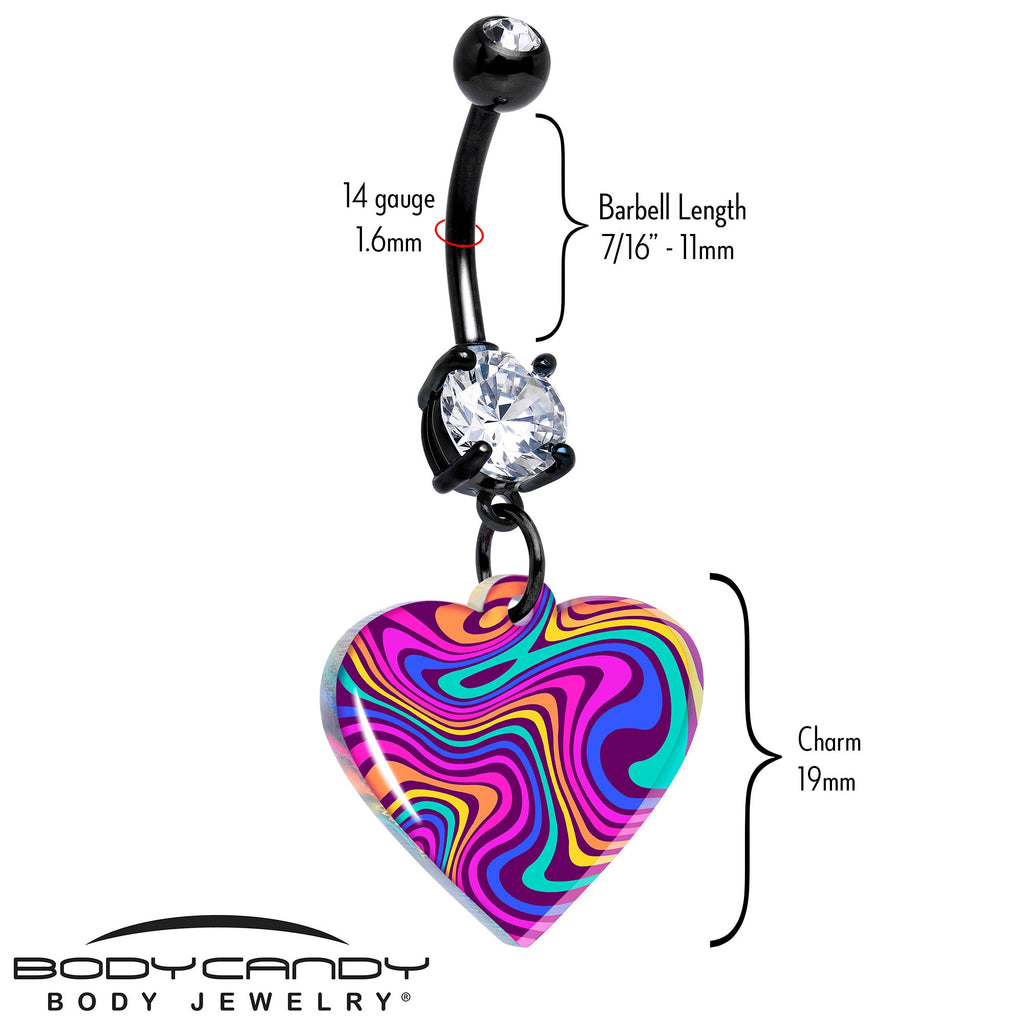 BodyCandy Black Double Gem Swirling Heart Dangle Belly Ring by Onyx O — detail close-up