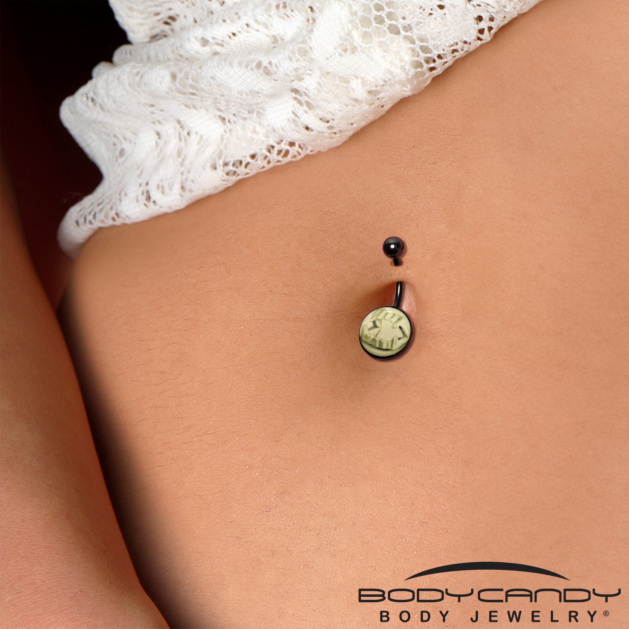 BodyCandy Black Titanium Fearsome Fangs Glow in the Dark Belly Ring — back view