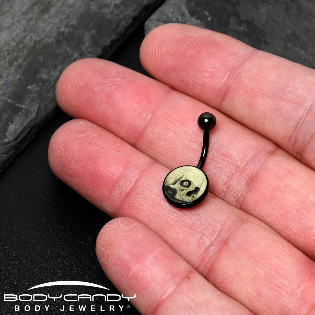 BodyCandy Black Titanium Webbed Skull Glow in the Dark Belly Ring — back view