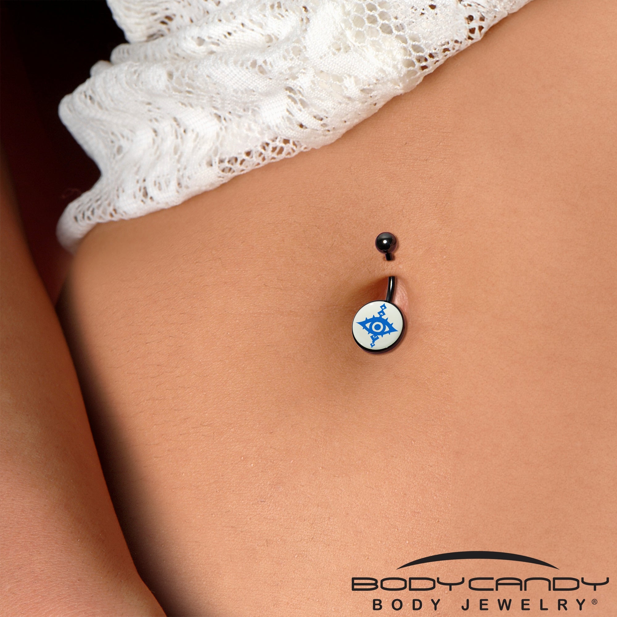 BodyCandy Black Anodized Glow in the Dark Evil Eye Belly Ring by Onyx O — side view