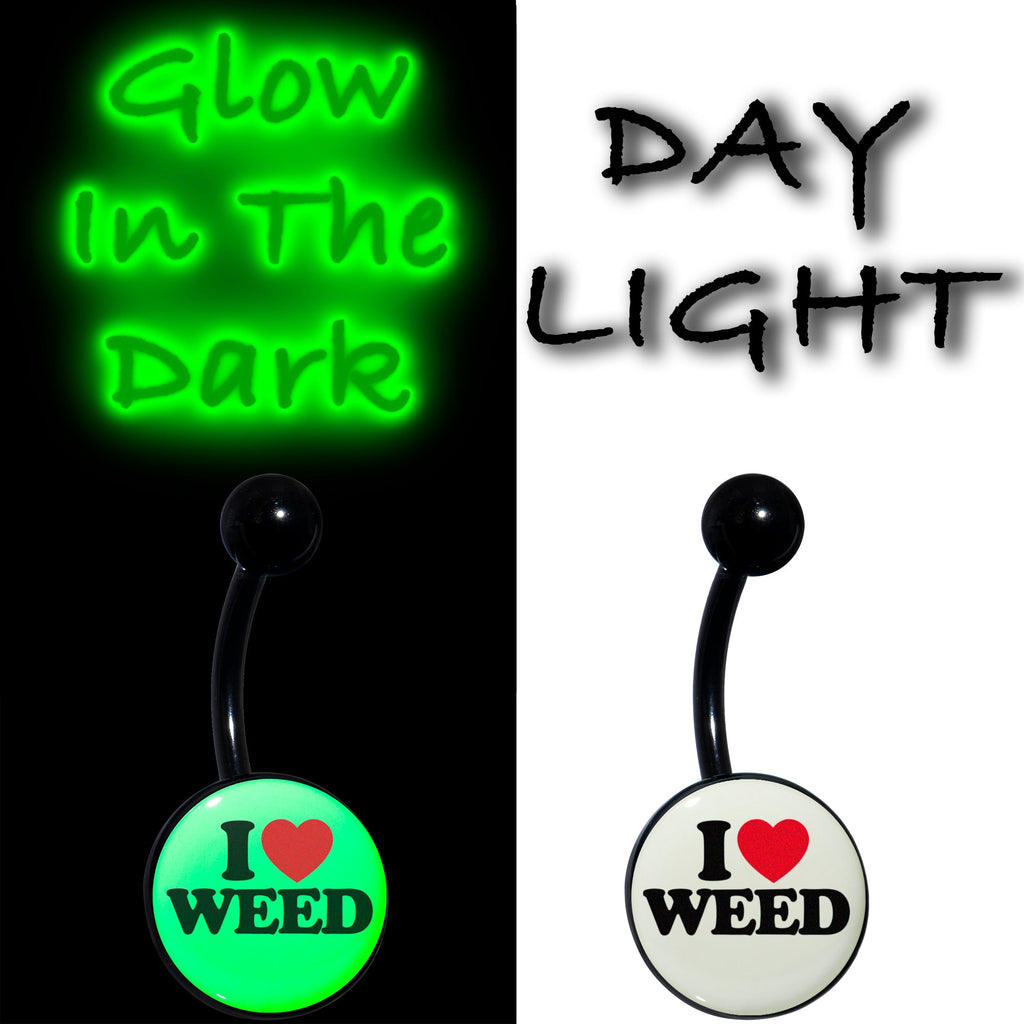 BodyCandy Black Anodized Glow in the Dark I Love Weed Belly Ring by Onyx O — detail close-up