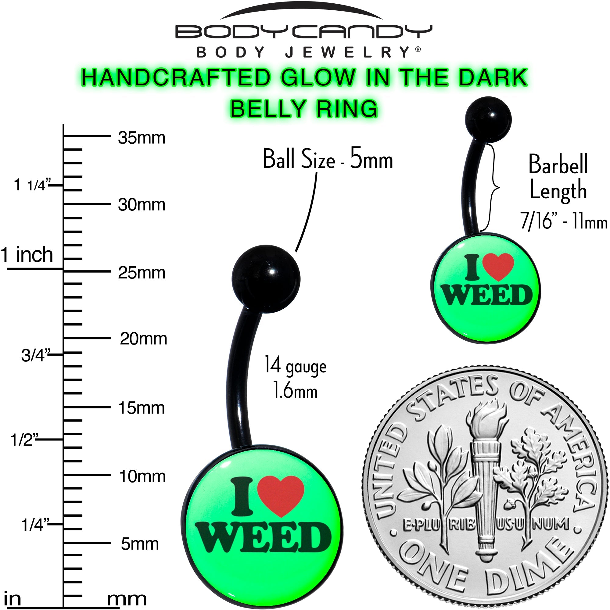 BodyCandy Black Anodized Glow in the Dark I Love Weed Belly Ring by Onyx O — size reference