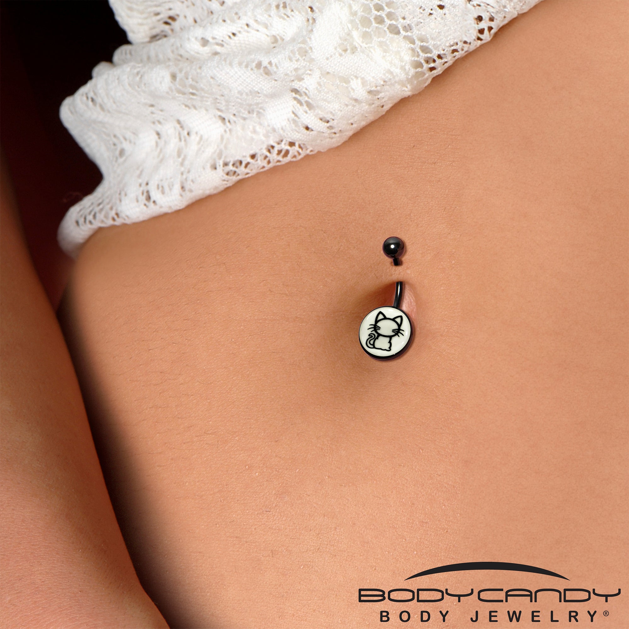 BodyCandy Black Anodized Glow in the Dark Kitty Cat Belly Ring by Onyx O — alternative angle