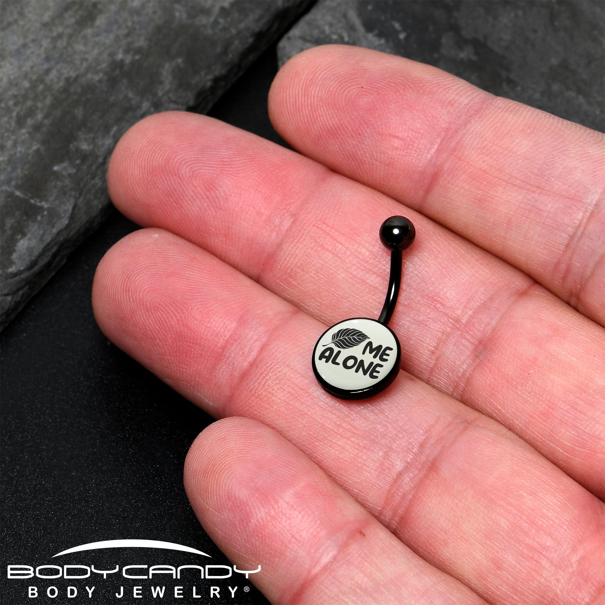 BodyCandy Glow in the Dark Black Leaf Me Alone Belly Ring by Onyx O — back view