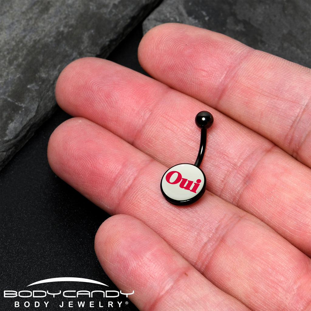 BodyCandy Black Anodized Glow in the Dark OUI Belly Ring by Onyx O — lifestyle context