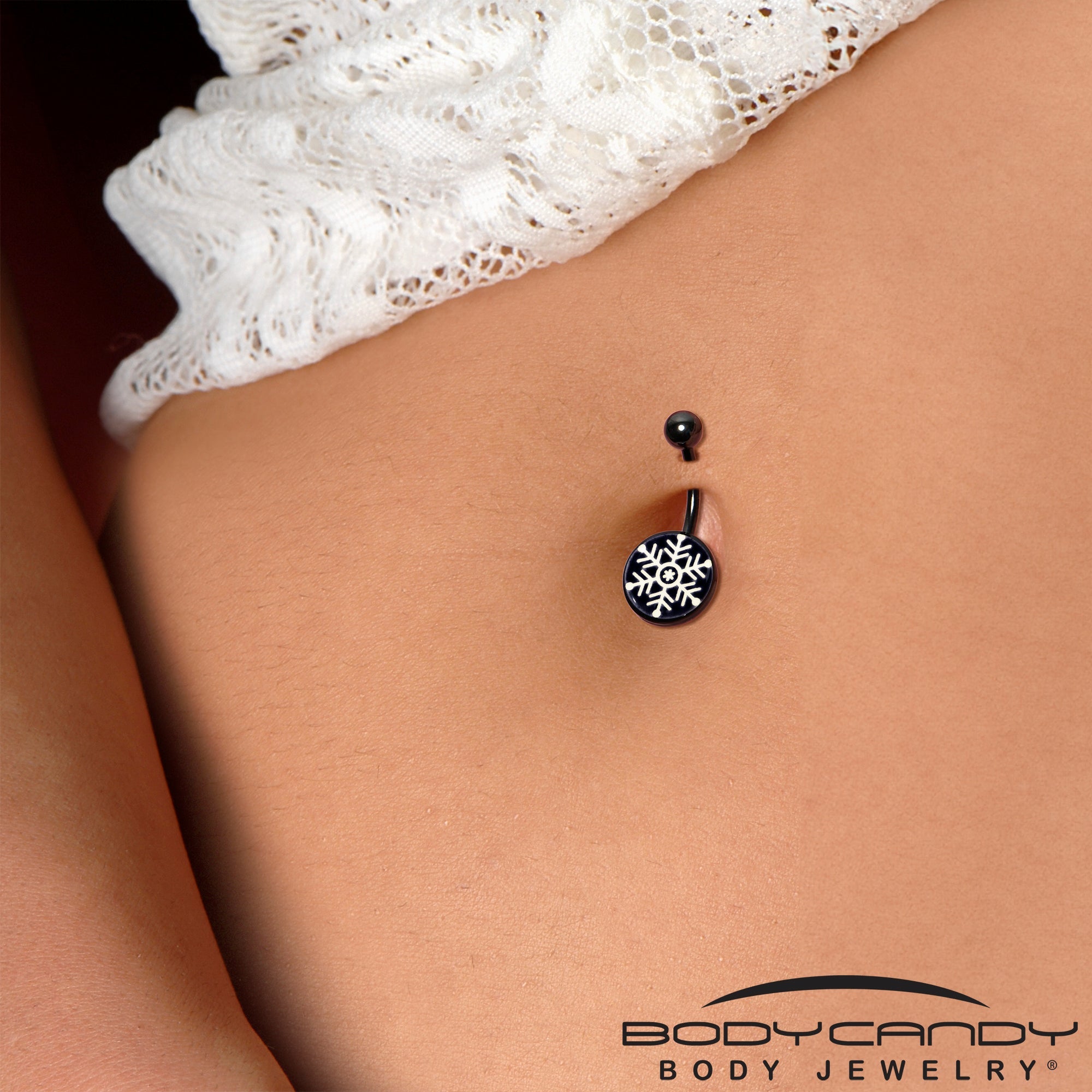 BodyCandy Black Glow in the Dark Holiday Snowflake Belly Ring by Onyx O — back view
