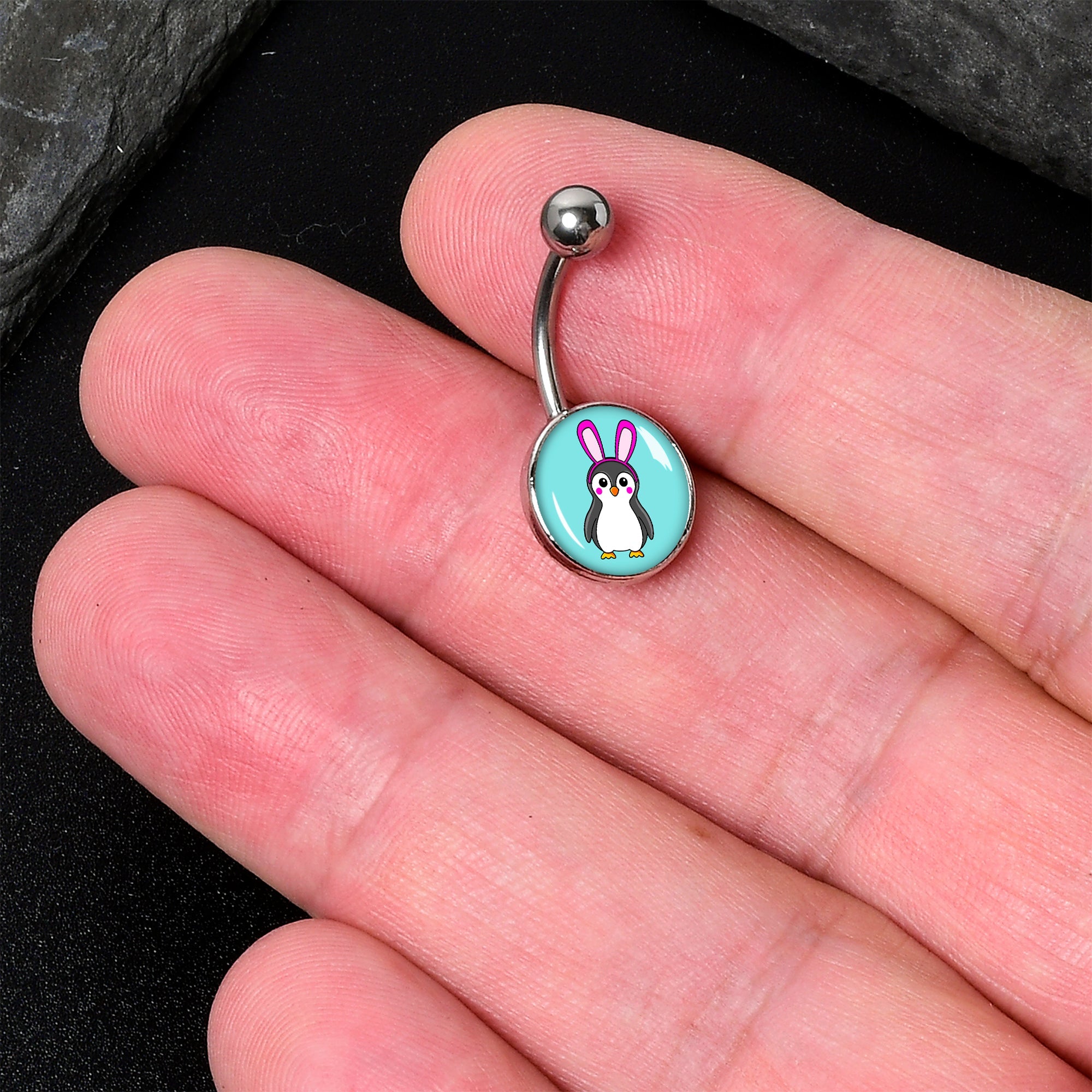 BodyCandy Bunny Penguin Belly Ring by Onyx O — detail close-up