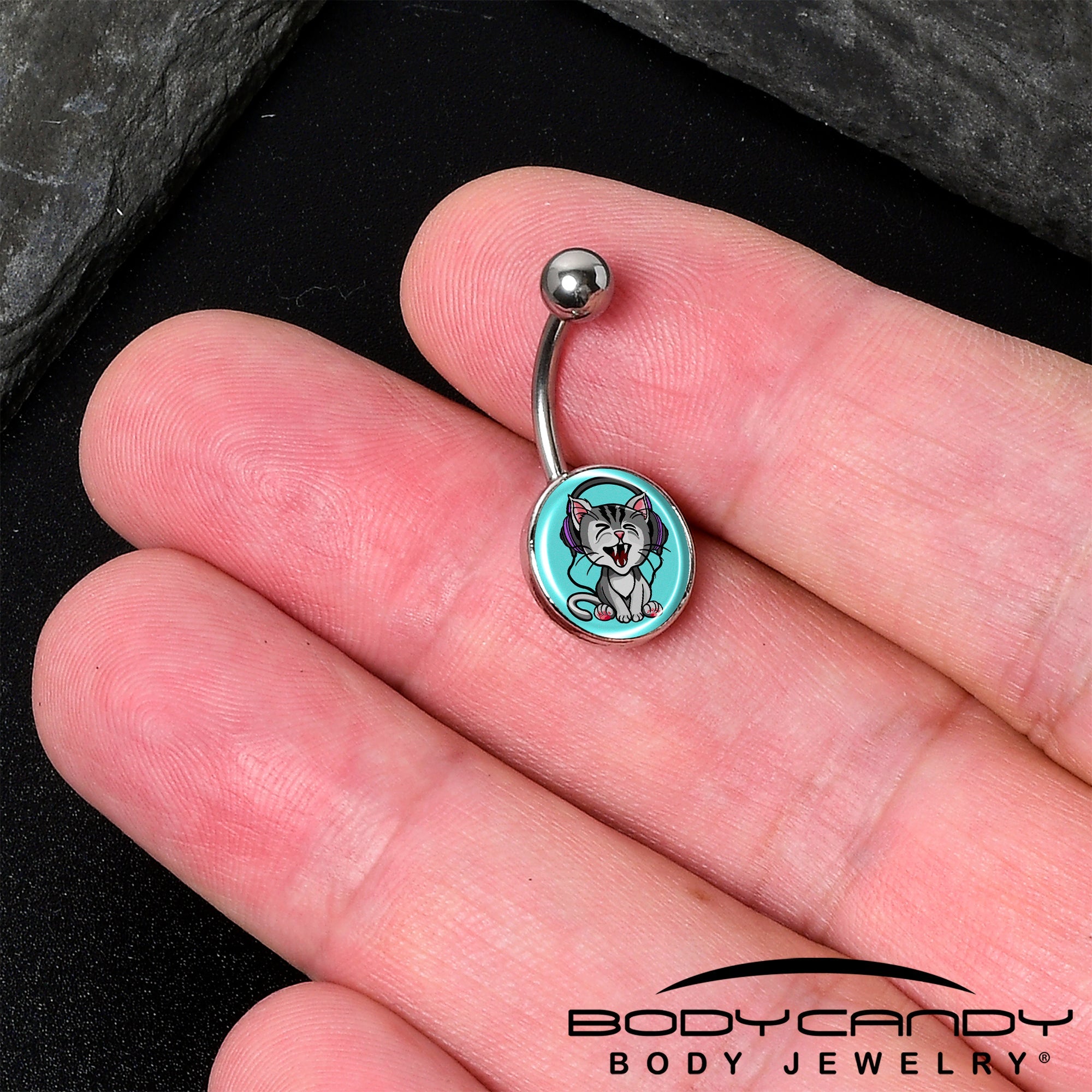 BodyCandy Heavy Metal Kitty Cat Belly Ring by Onyx O — detail close-up